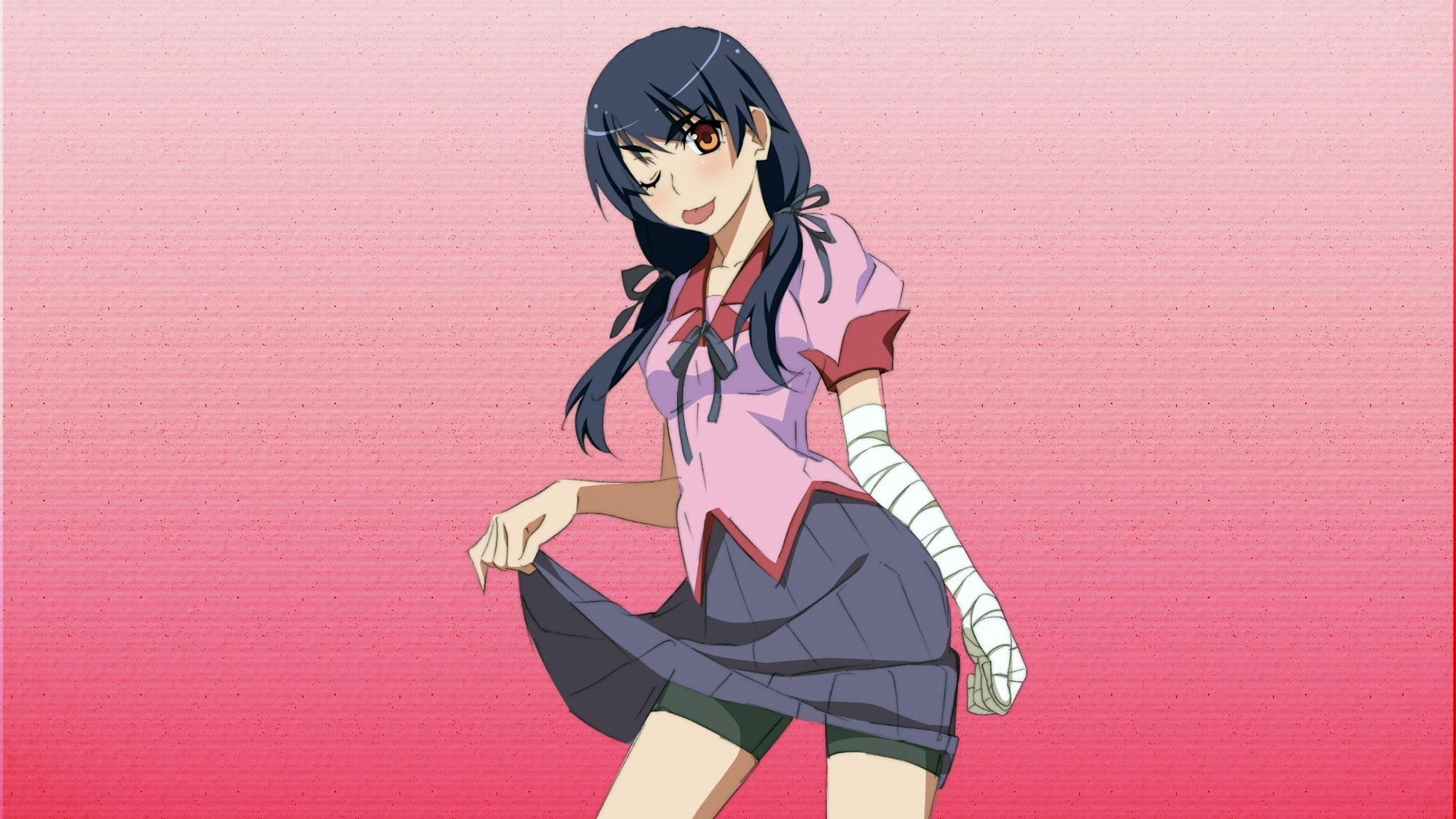 school uniform, anime, colored background, adult, 1080P, front view, lifestyles, twintails, young adult, clothing, young women, beauty, women, pink color, HD Wallpaper