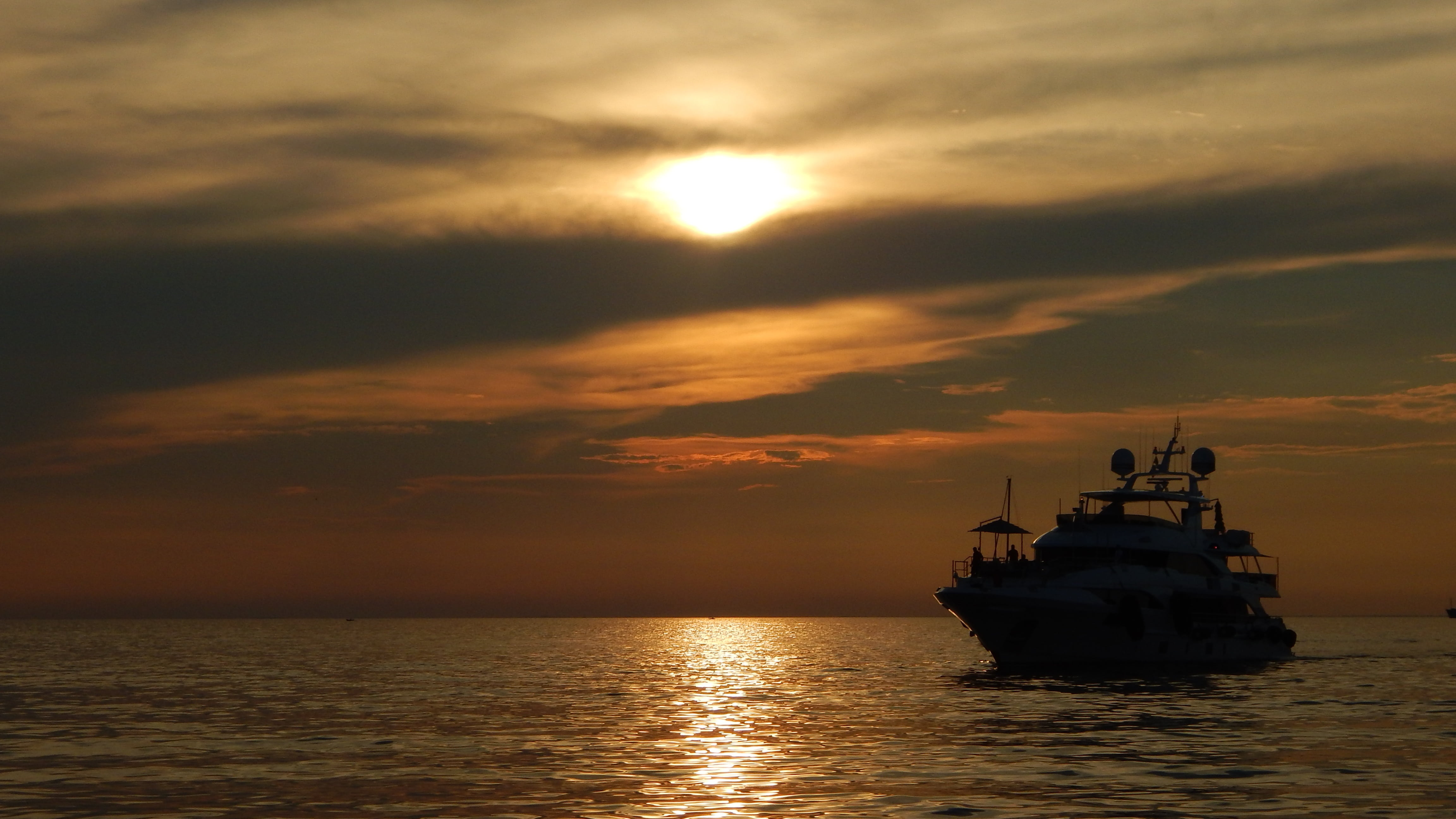 orange color, mode of transportation, ship, pier, porto, trieste, sun, nautical vessel, water, clouds, beauty in nature, cloud - sky, nature, horizon over water, HD Wallpaper