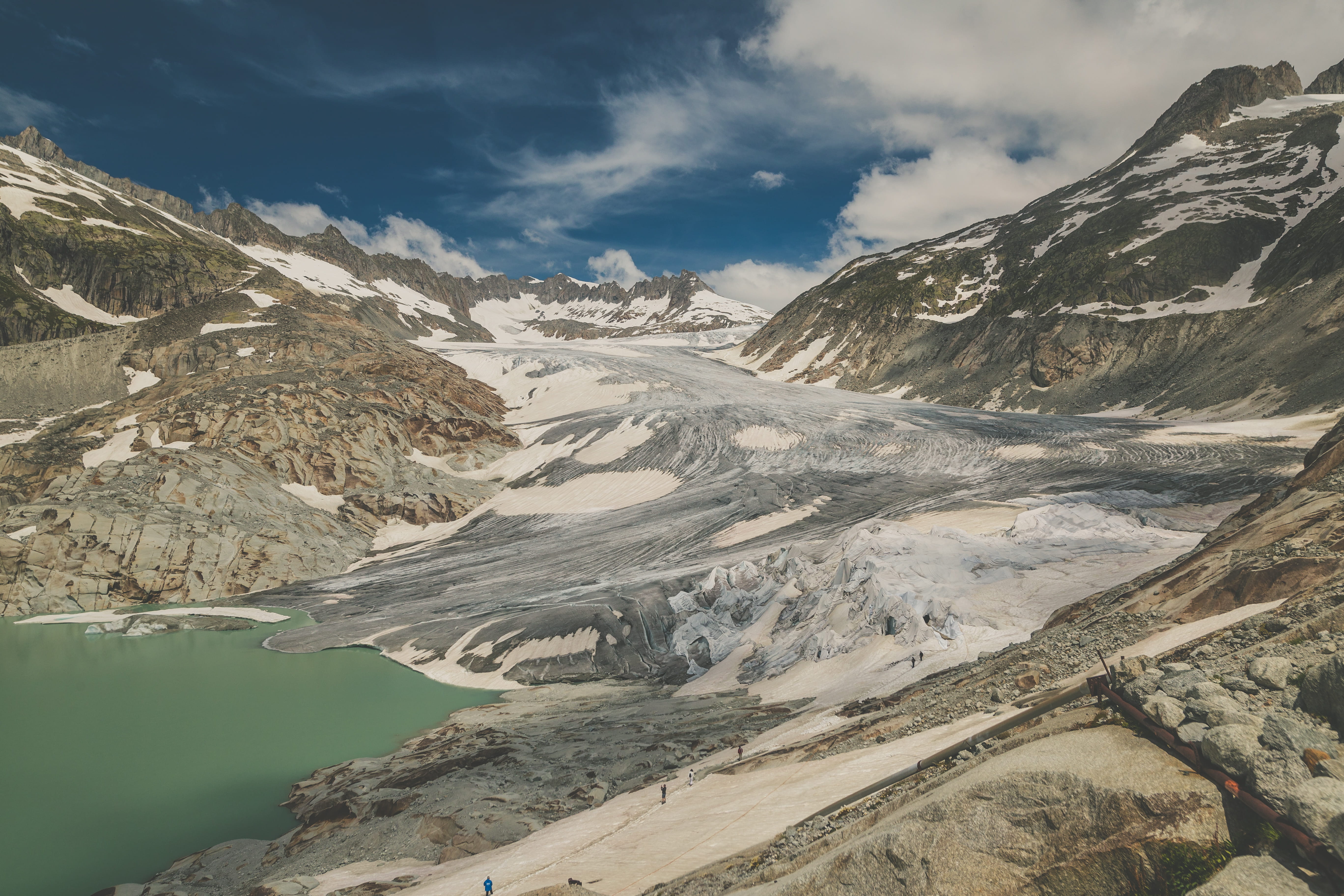 sky, glacier, rhône glacier, aerial, valley, outdoors, mountain, nature, tourism, landscape, green, europe, rock, mist, 5K, cloud - Sky, body, horizon, HD Wallpaper