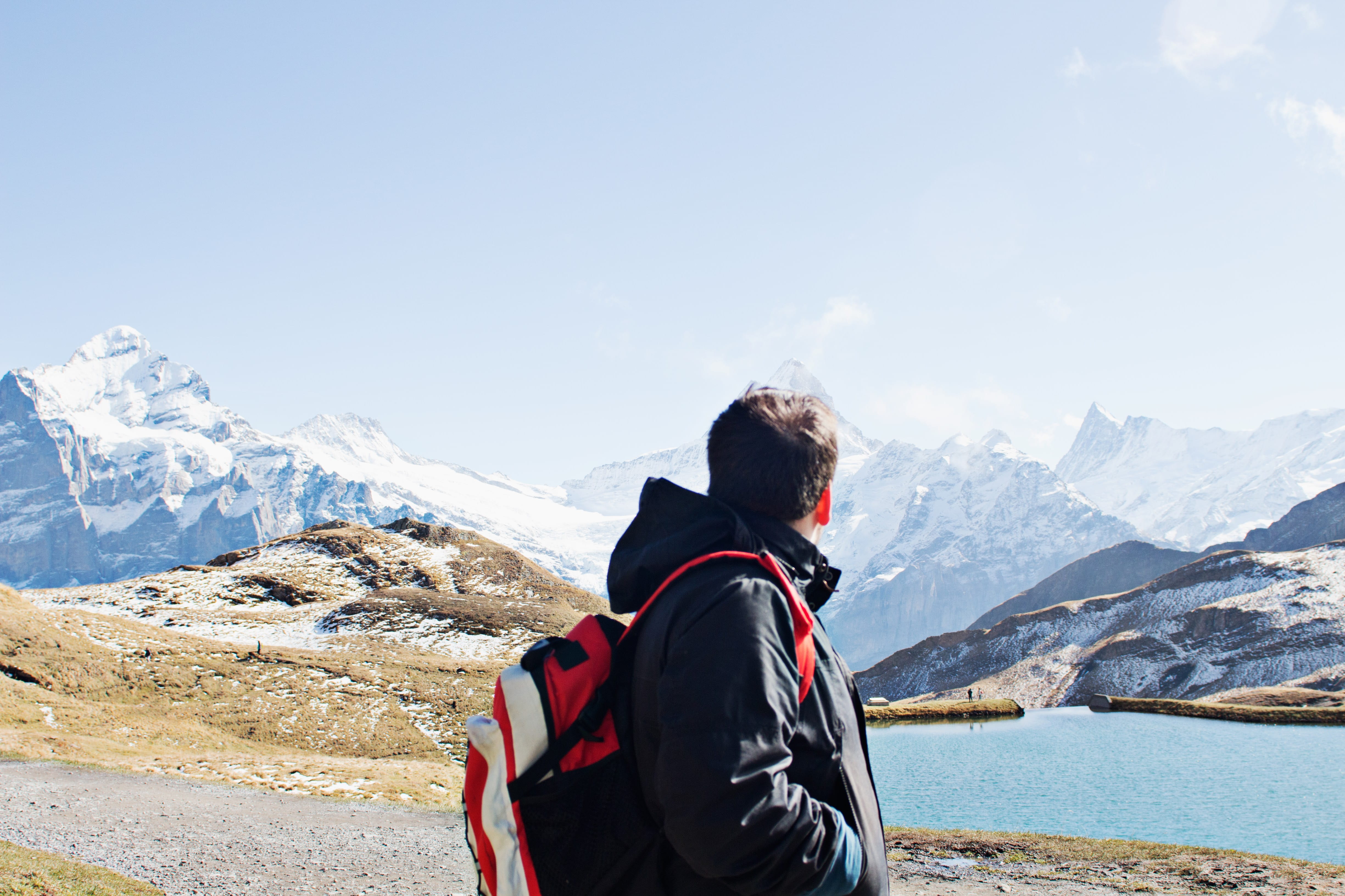 backpacking, person, rear view, mountain range, snowcapped mountain, nature, switzerland, outdoors, cold, exploring, standing, mountains, activity, scenic, HD Wallpaper
