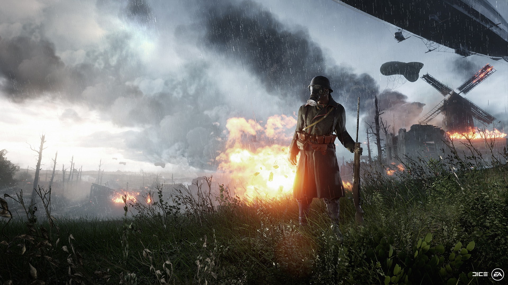 digital art, lens flare, nature, Battlefield 1, one person, Battlefield, standing, flame, fire, video games, adult, fire - natural phenomenon, men, grass, HD Wallpaper