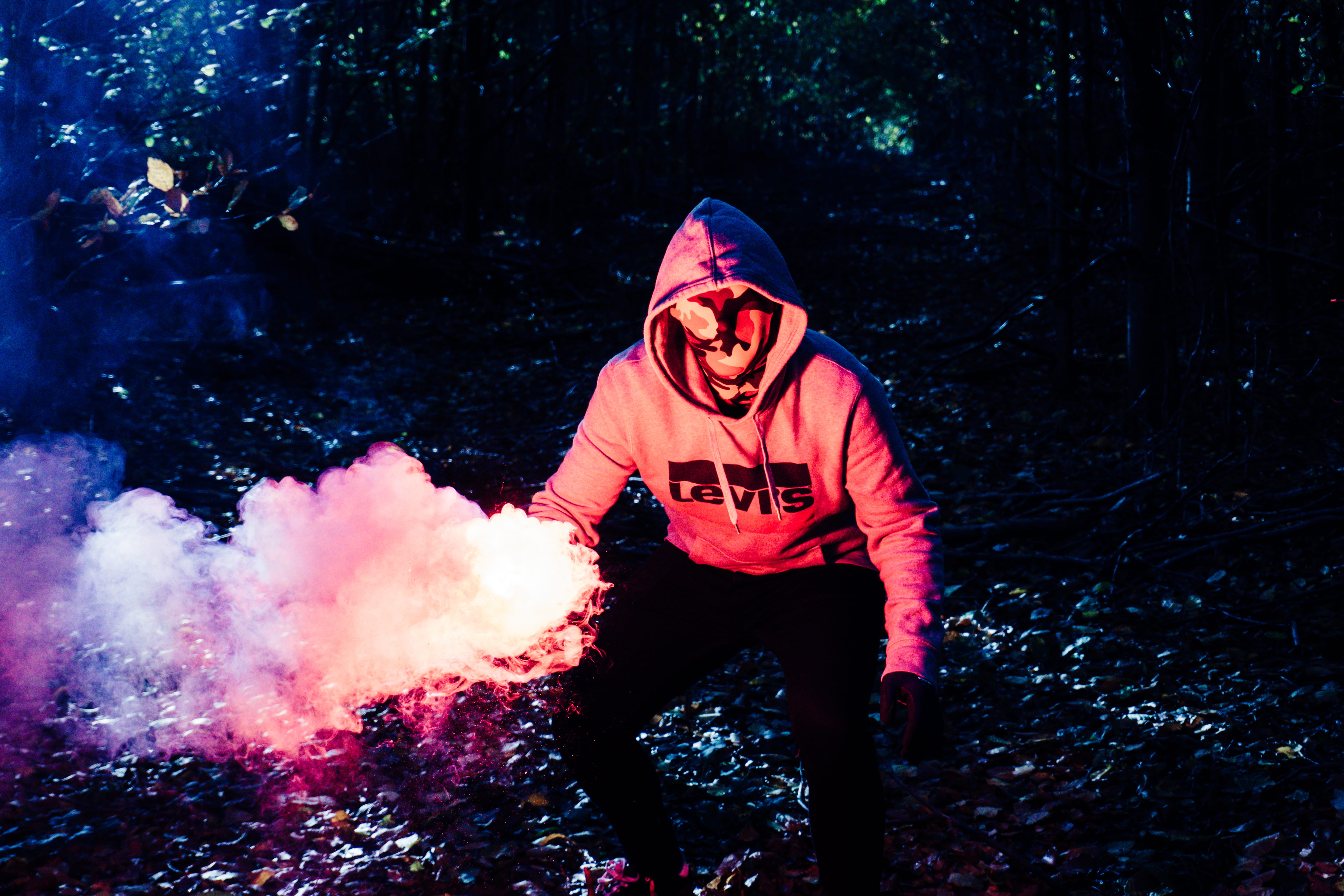 forest, mask, plant, tree, colored smoke, full length, frederikssund, land, 5K, portrait, looking at camera, front view, hood - clothing, mouth open, smoke grenade, HD Wallpaper