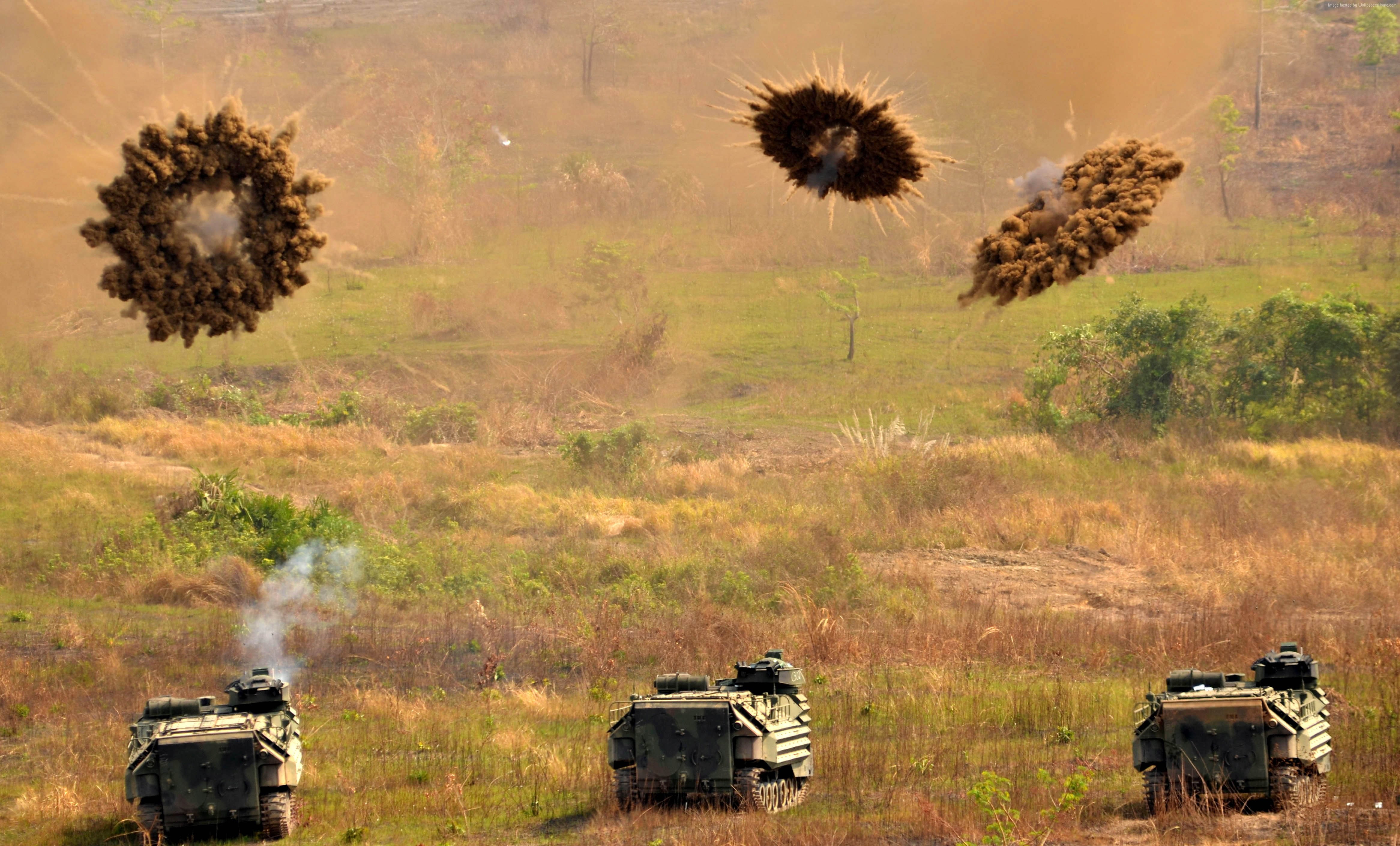 amtrack, AAV, firing, U.S. Marine, U.S. Army, assault amphibious vehicle, smoke grenade, LVTP-7, 4K, HD Wallpaper