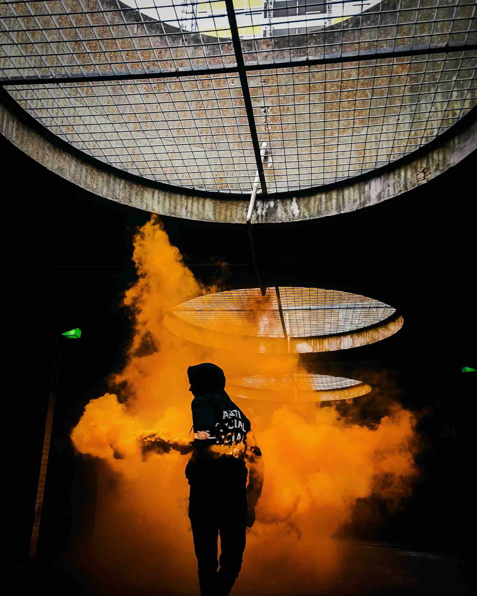 person, smoke grenade, architecture, fire, smoke - physical structure, 1080P, heat - temperature, burning, standing, fire - natural phenomenon, smoke, Phone HD Wallpaper