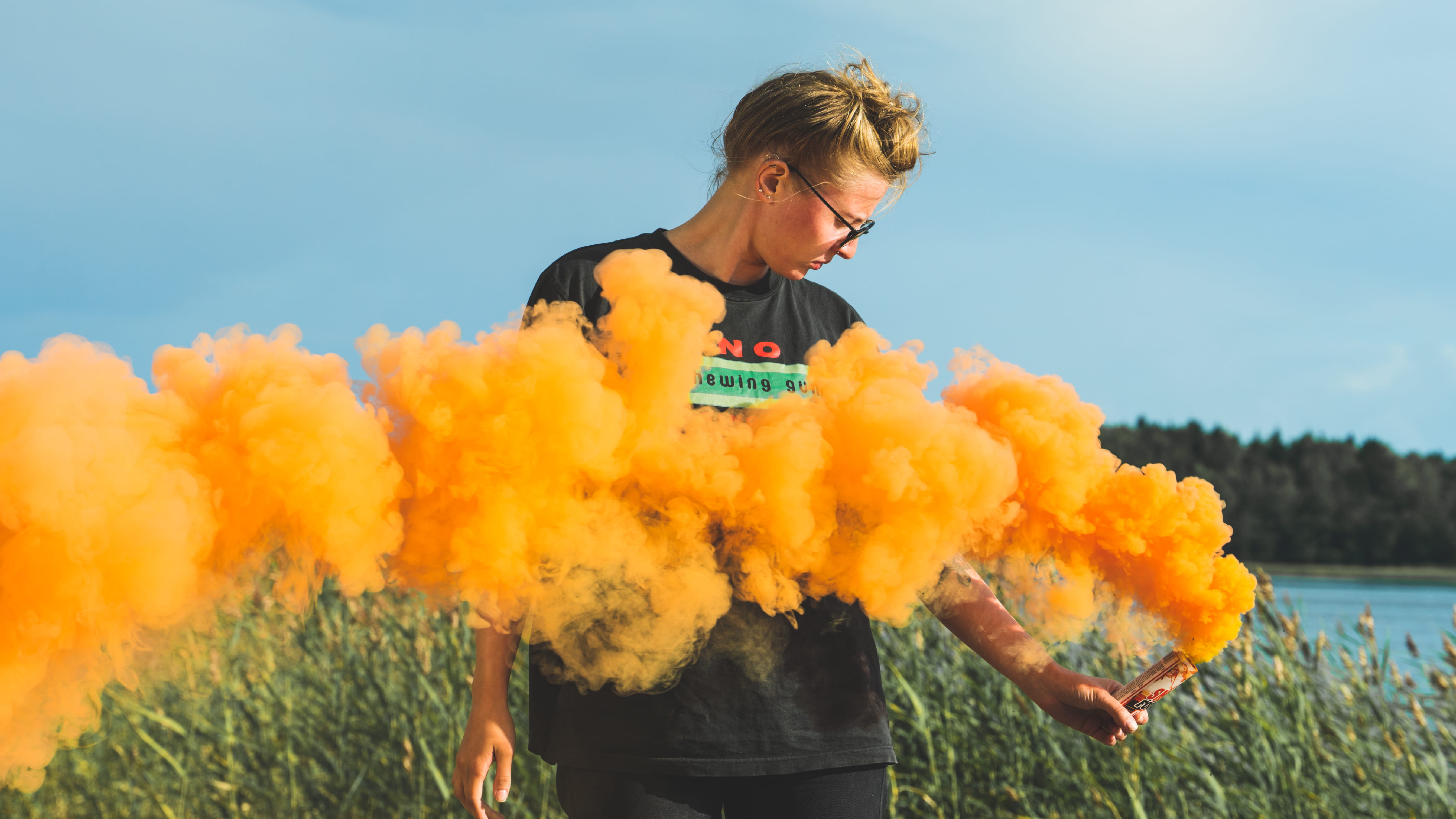 casual clothing, lifestyles, orange, fire, style, woman, three quarter length, hairstyle, one person, outdoors, grenade, fashion, nature, adult, wearing, HD Wallpaper