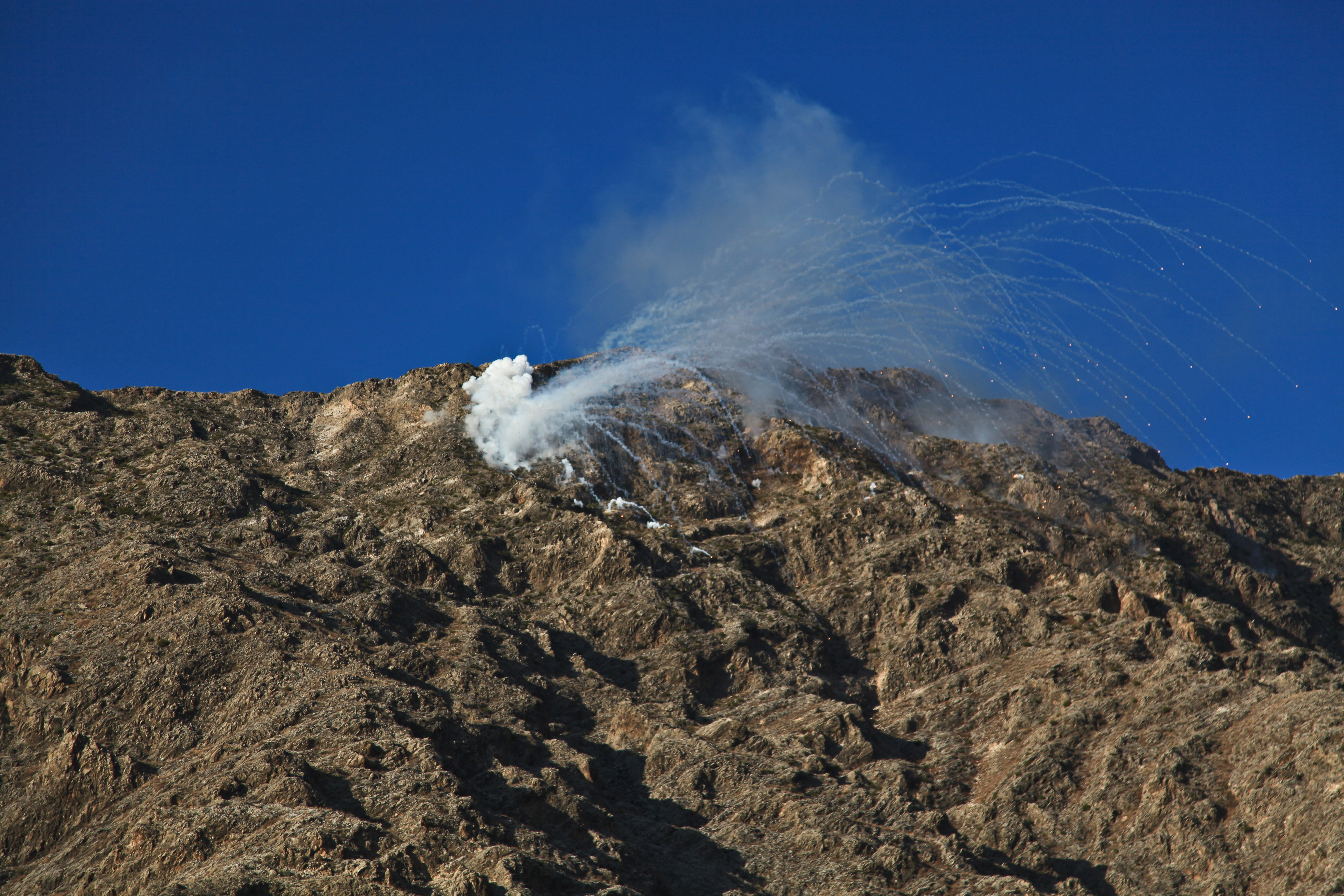 blast, explosion, outdoors, sky, geology, scenics - nature, flying bomb, under fire, 5K, bomb, war, volcano, no people, clear sky, exploding, land, blue, HD Wallpaper