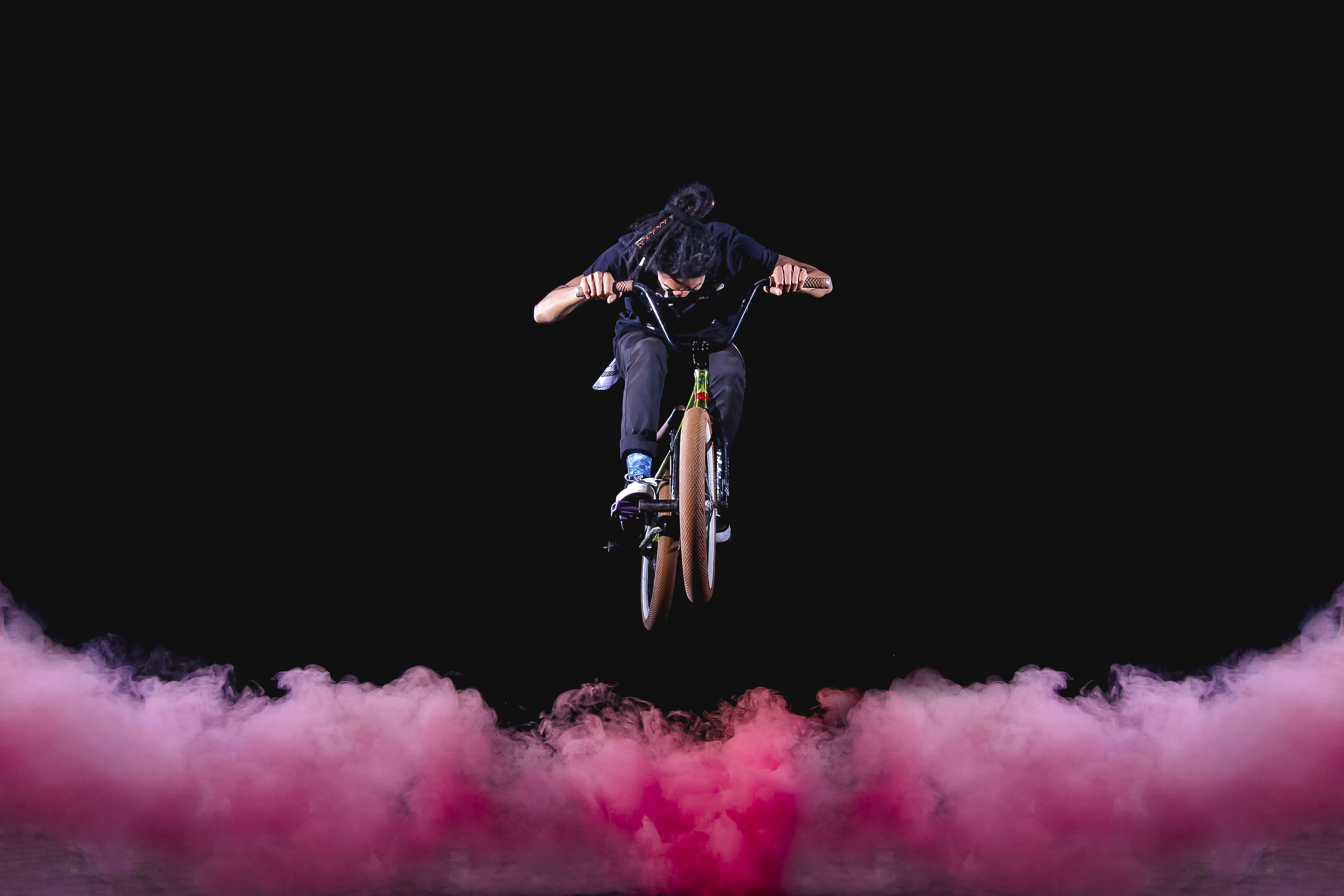 fogs, stunt, transportation, motion, man, sports clothing, leisure activity, vitality, stunts, skill, sportsman, van, smoke, bmx, full length, style, dark, HD Wallpaper