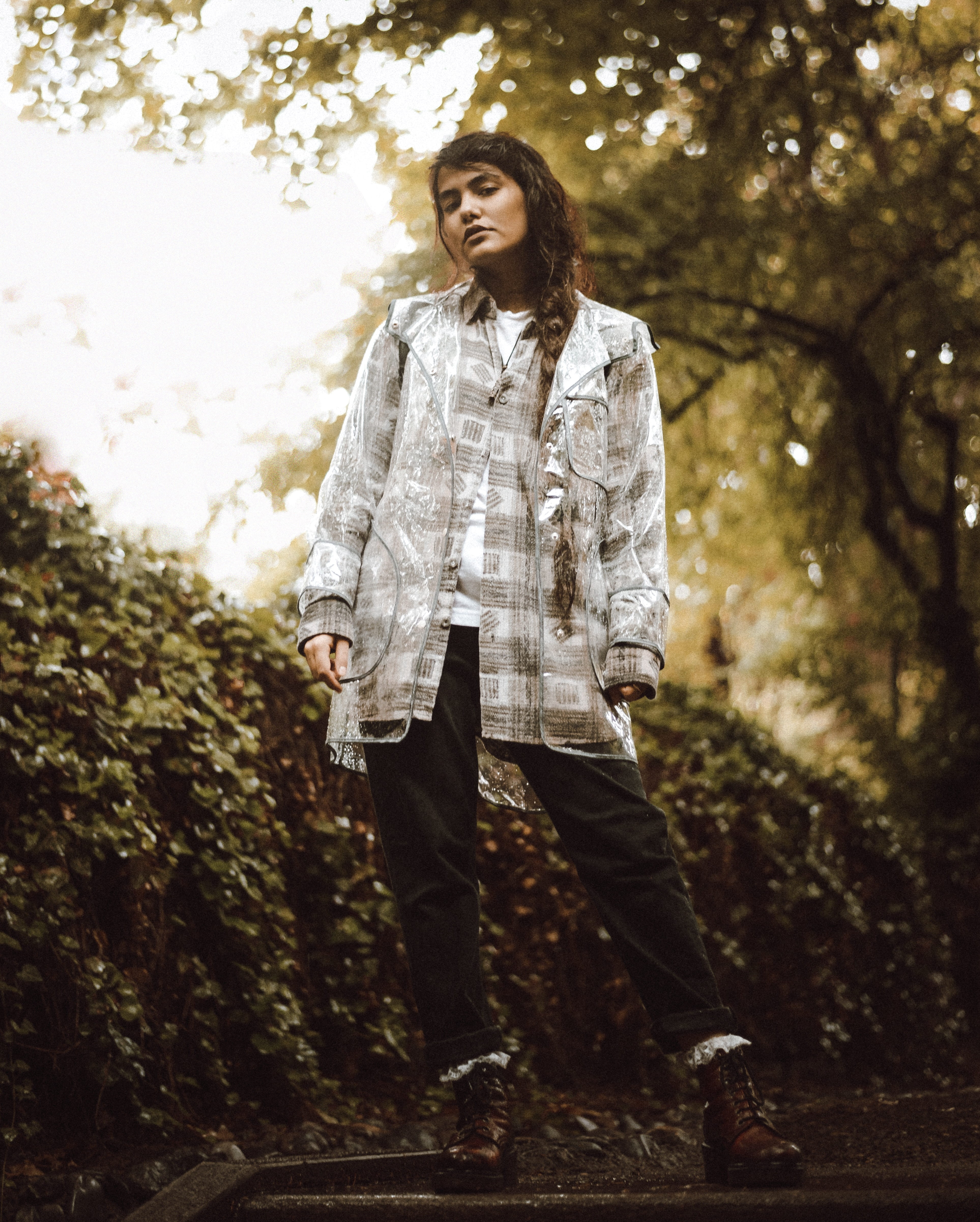 young adult, model, coat, darkness, outfit, nature, white, woman, standing, trees, fashion, casual clothing, beautiful woman, plants, real people, 4K, Phone HD Wallpaper
