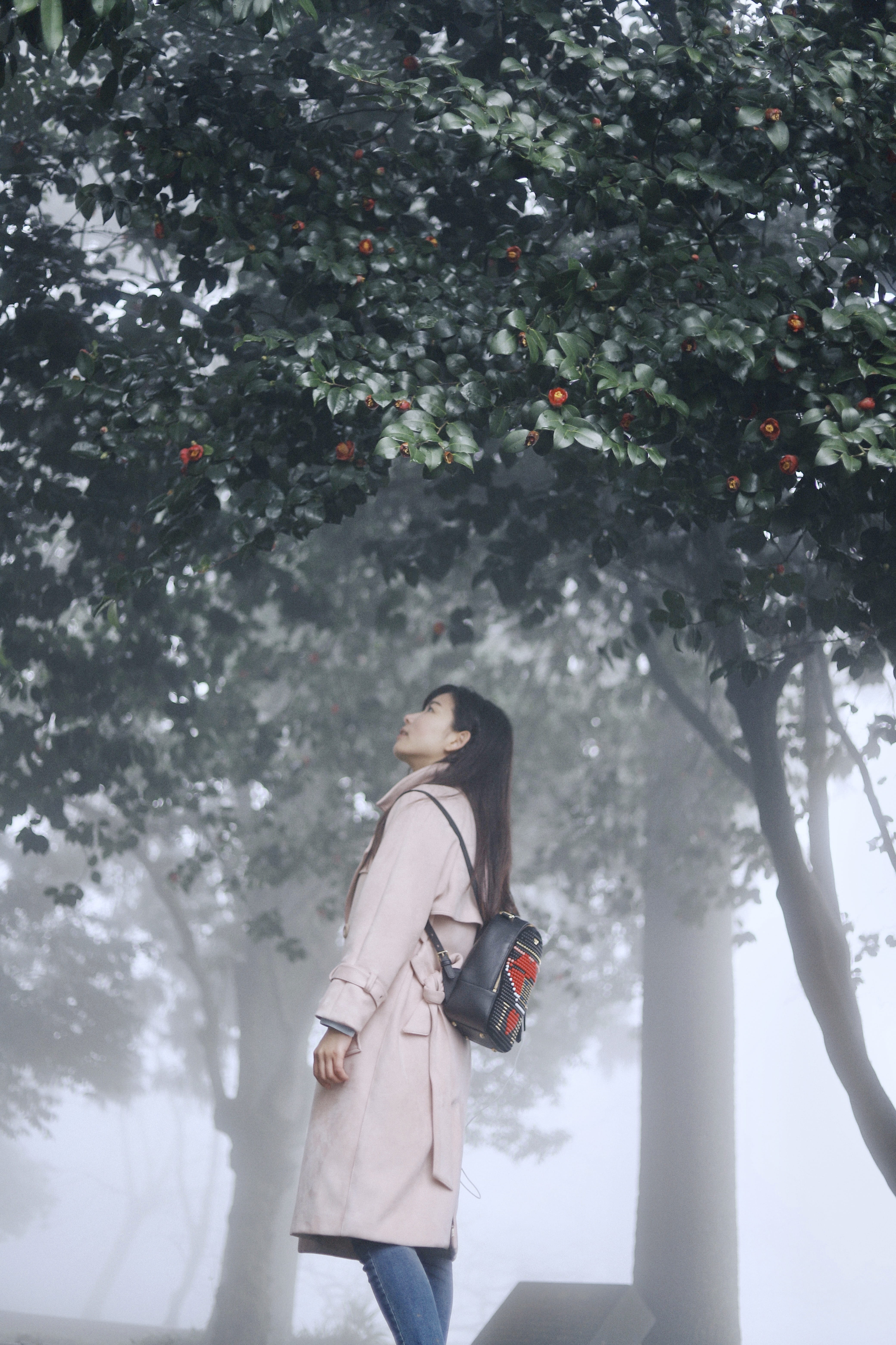 woodland, casual clothing, white, plant, foggy, overcoat, leisure activity, black, wearing, trees, looking, 5K, clothing, winter, lifestyles, female, forest, Phone HD Wallpaper