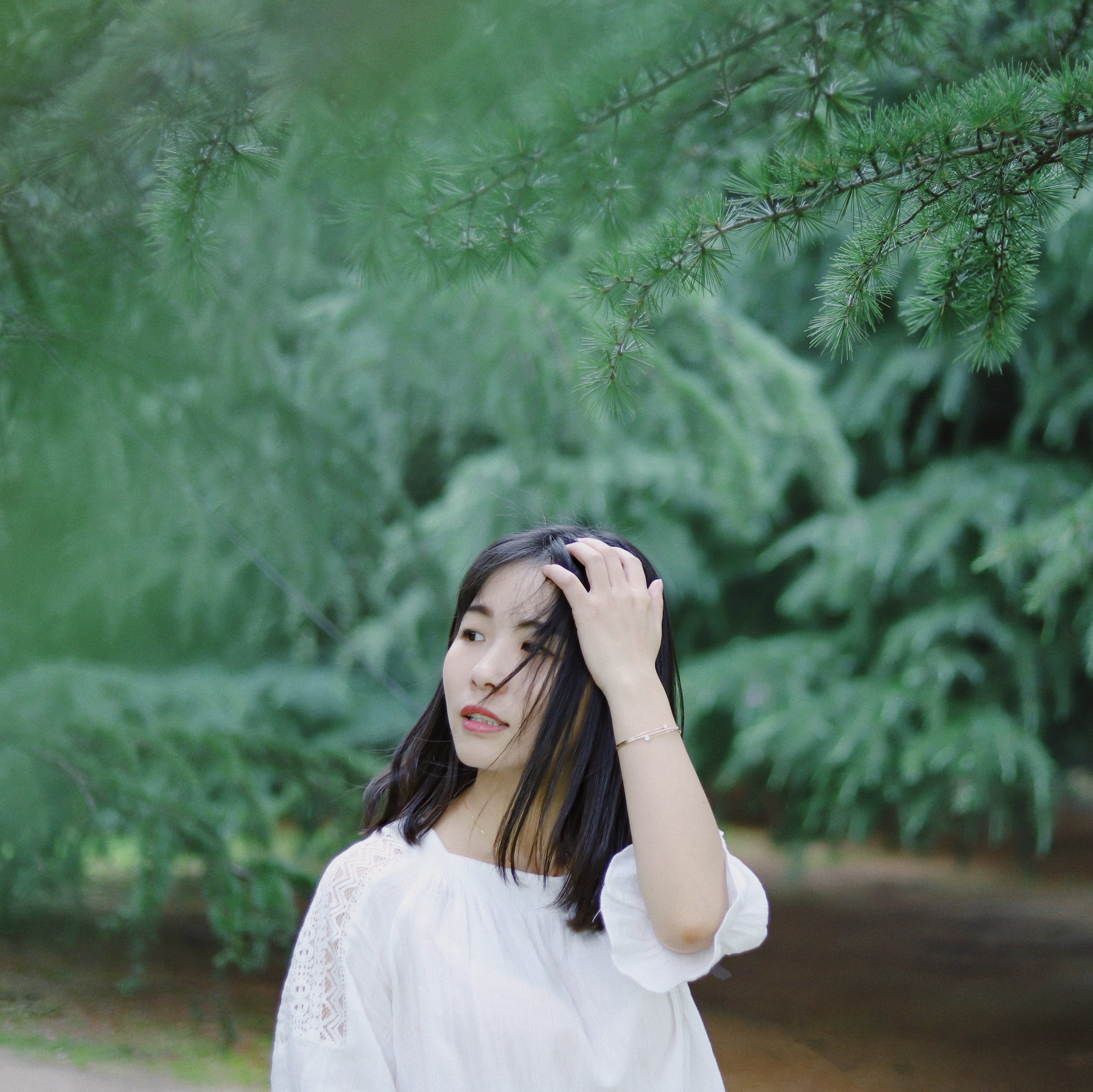 adult, wearing, pose, leisure activity, real people, woodland, sleeved, portrait, day, waist up, hairstyle, forest, casual clothing, asian, green color, HD Wallpaper