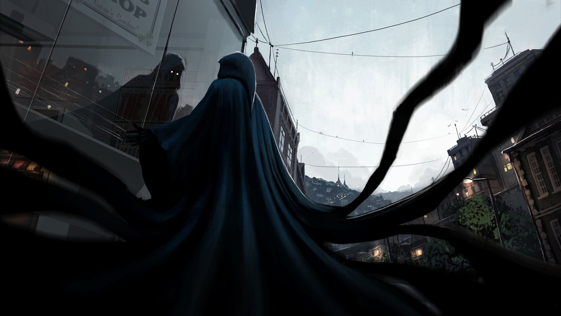 Dark, Monster, The city, Reflection, Spirit, Evening, Ghost, Fantasy, Cloak, City, by Maksym Harahulin, The demon, The evening, Maksym Harahulin, Darkness, HD Wallpaper