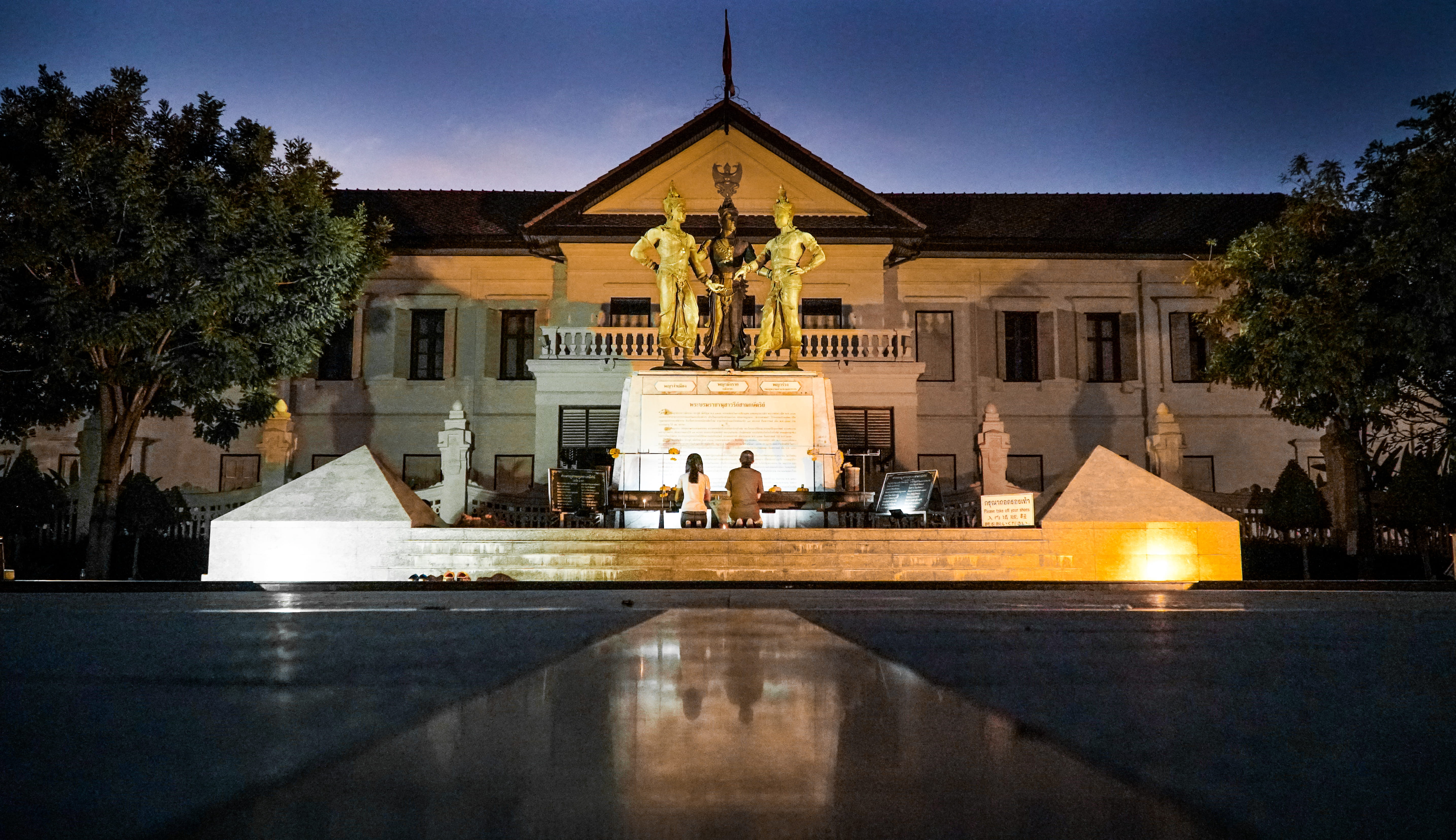 temple, nature, three kings, person, swimming pool, architecture, lighting equipment, building exterior, night, 5K, thailand, tree, human, reflection, HD Wallpaper