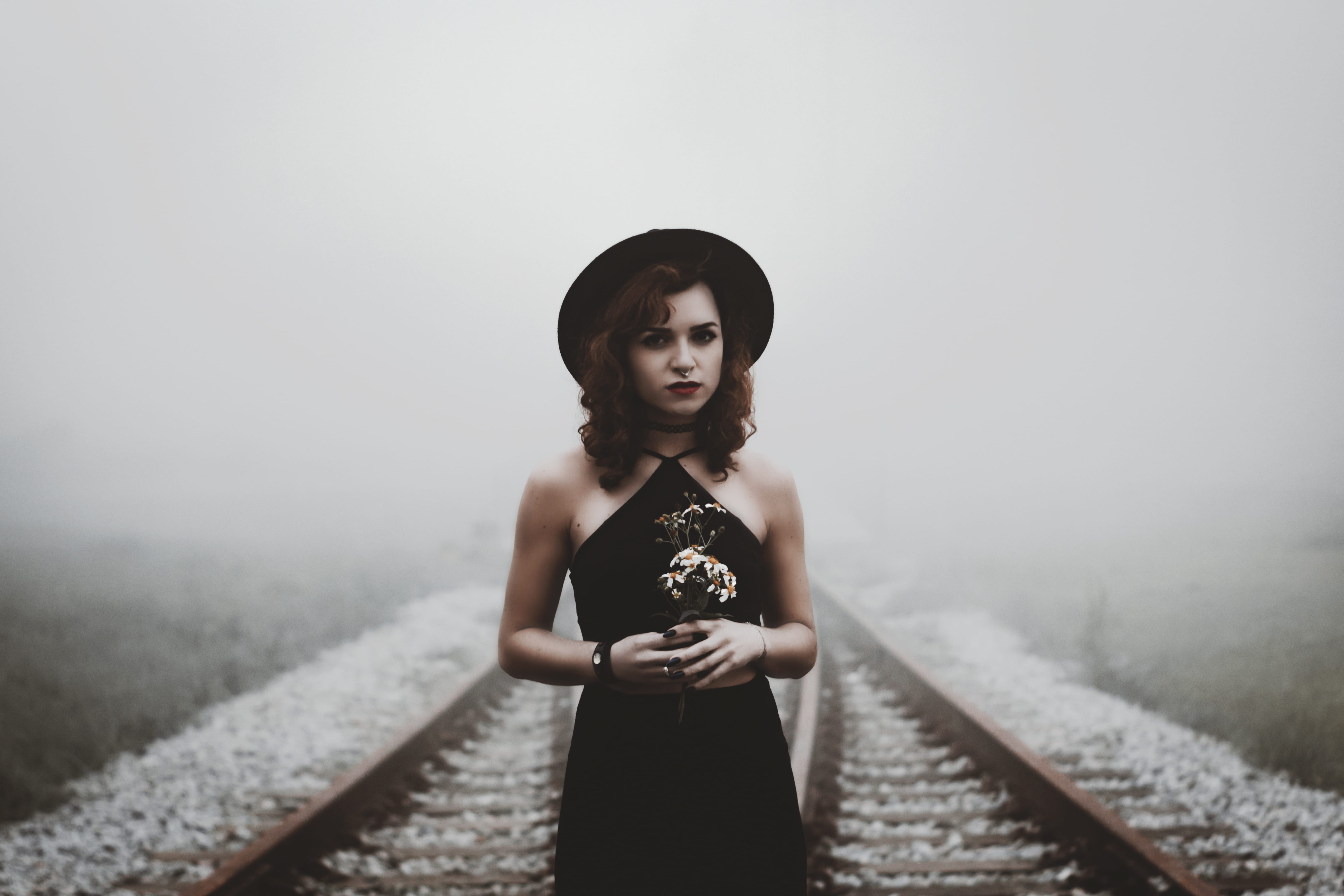 hands, black, one person, girl, looking, looking at camera, standing, front view, daytime, love, nature, lifestyles, fashion, females, holding, railroad, HD Wallpaper