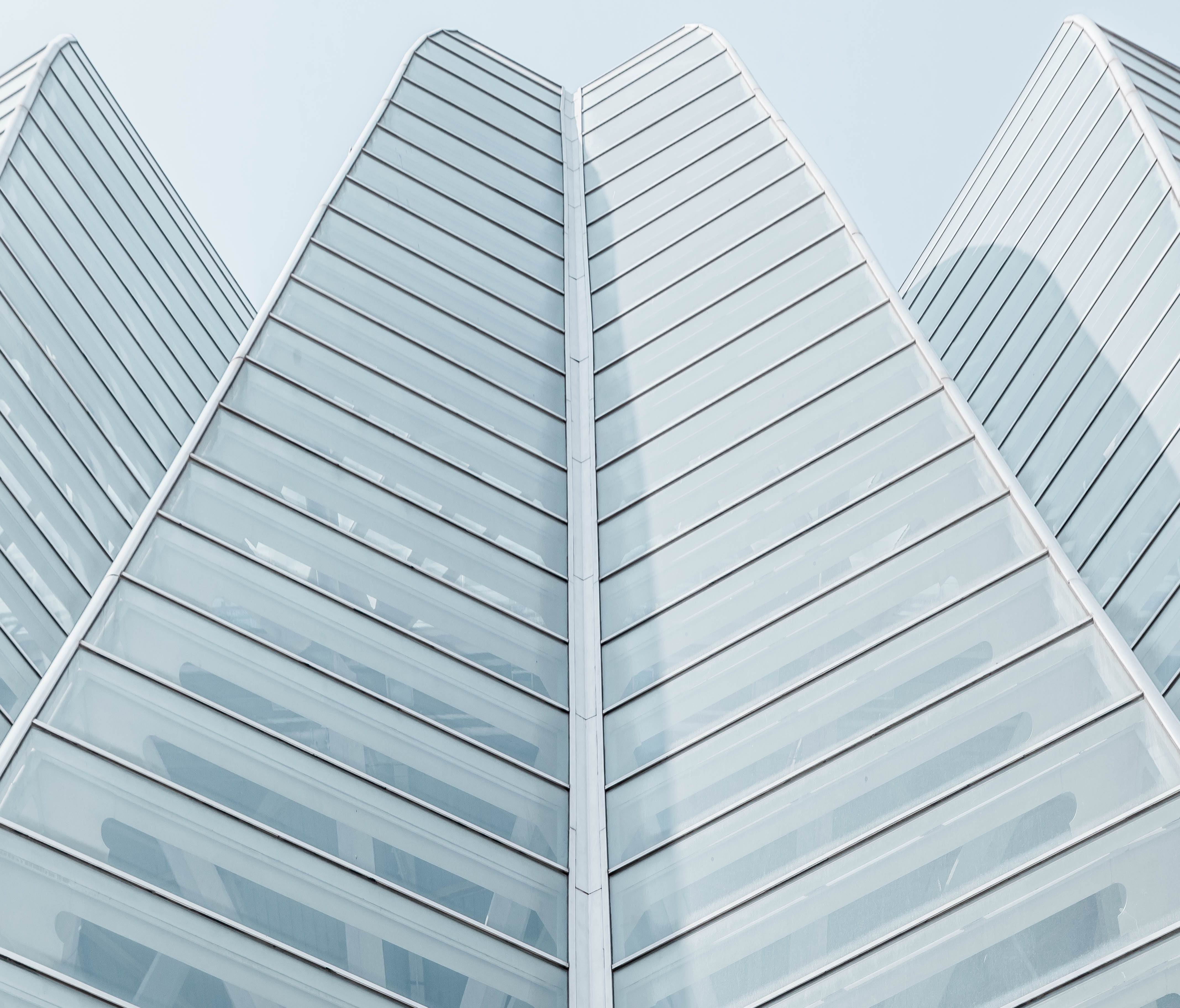 city, office, clean, architecture, glass - material, high, tall - high, outdoors, silver colored, minimalism, nature, clear sky, design, shape, arrow, building exterior, HD Wallpaper