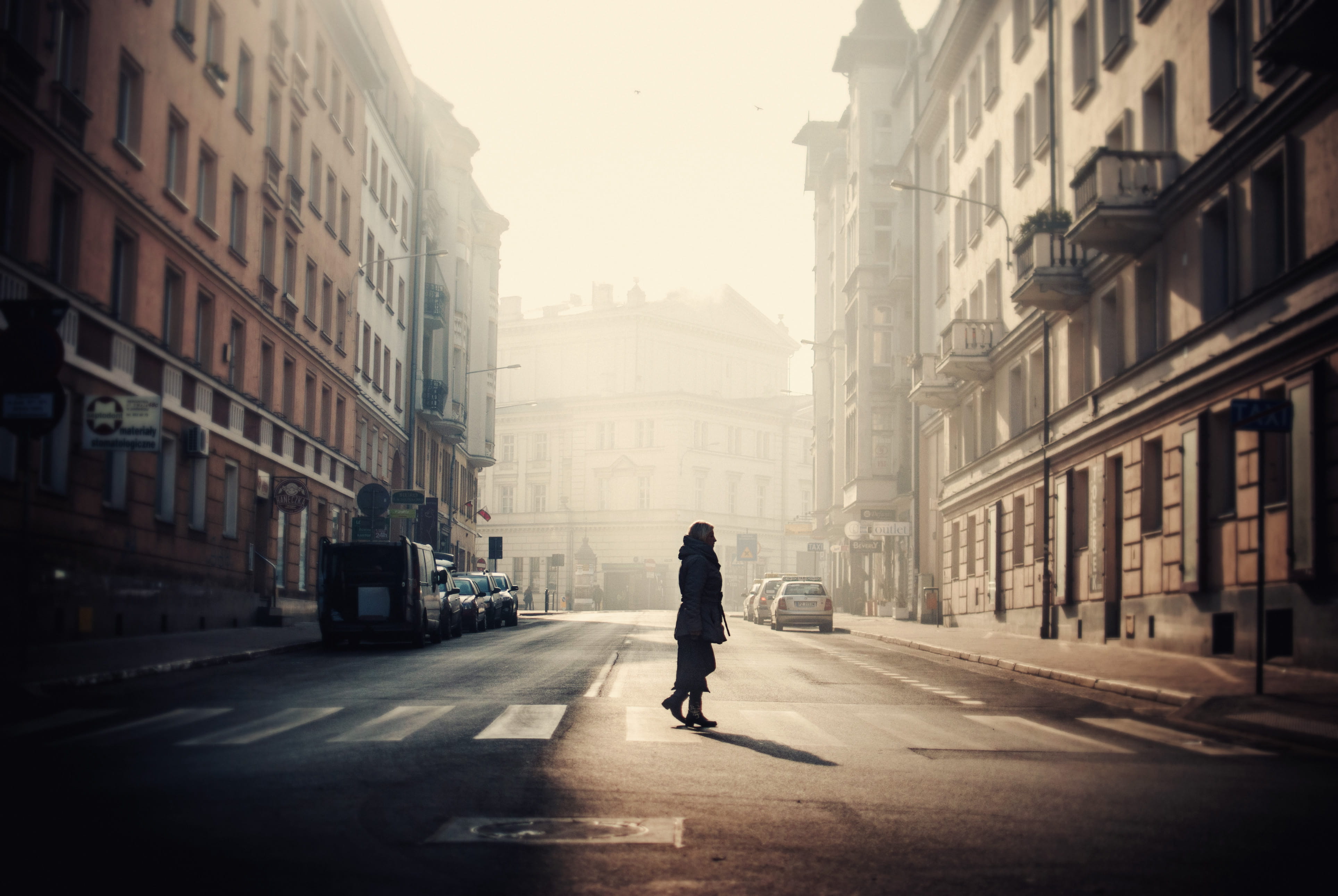 street view, buildings, pedestrian, car, road, building Exterior, adult, urban Scene, outdoors, woman, fashion, city Life, golden hour, female, winter, HD Wallpaper