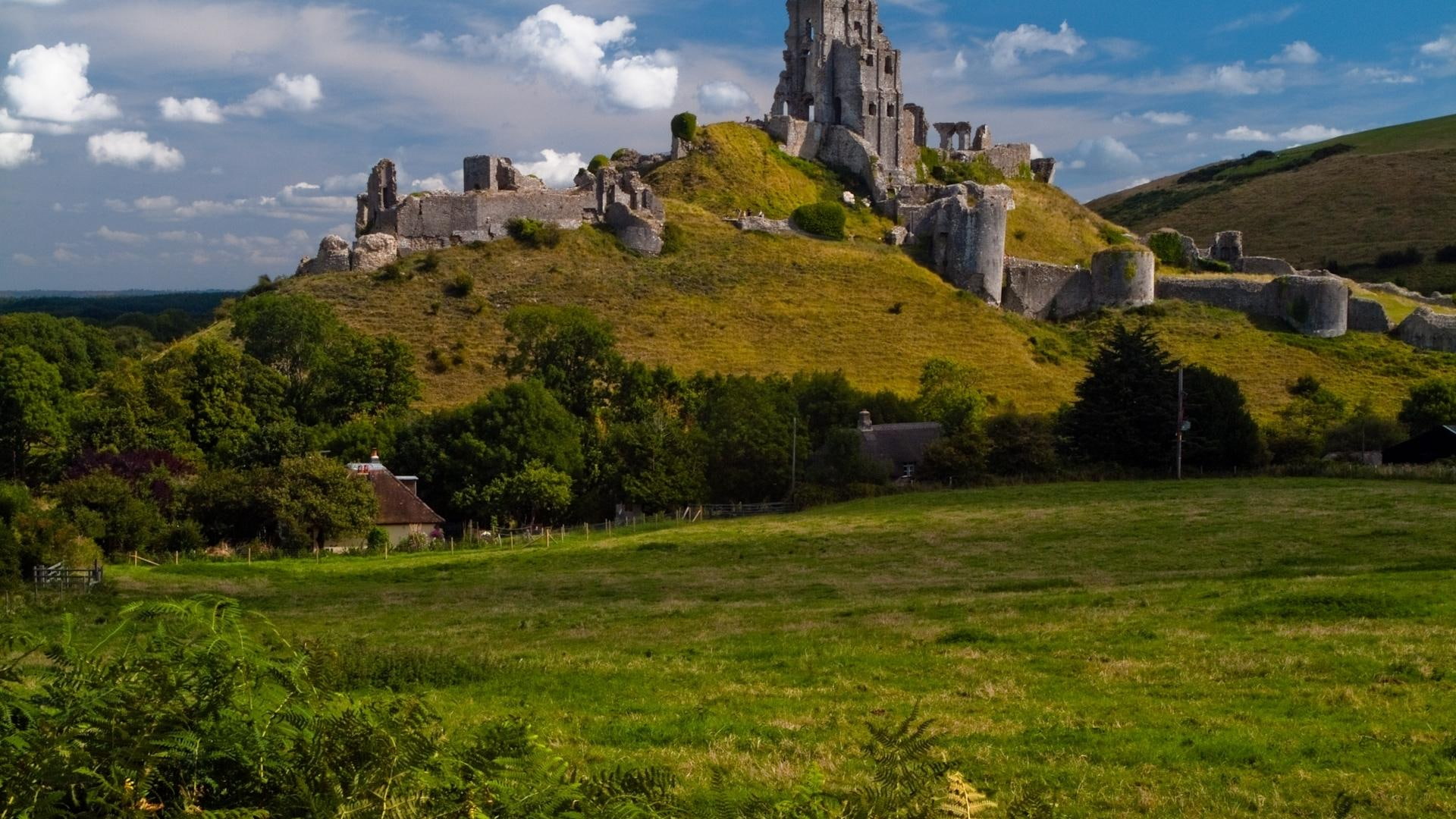 nature and landscapes, hill, ruins, 1080P, corfe, engl, fields, castle, ancient, HD Wallpaper