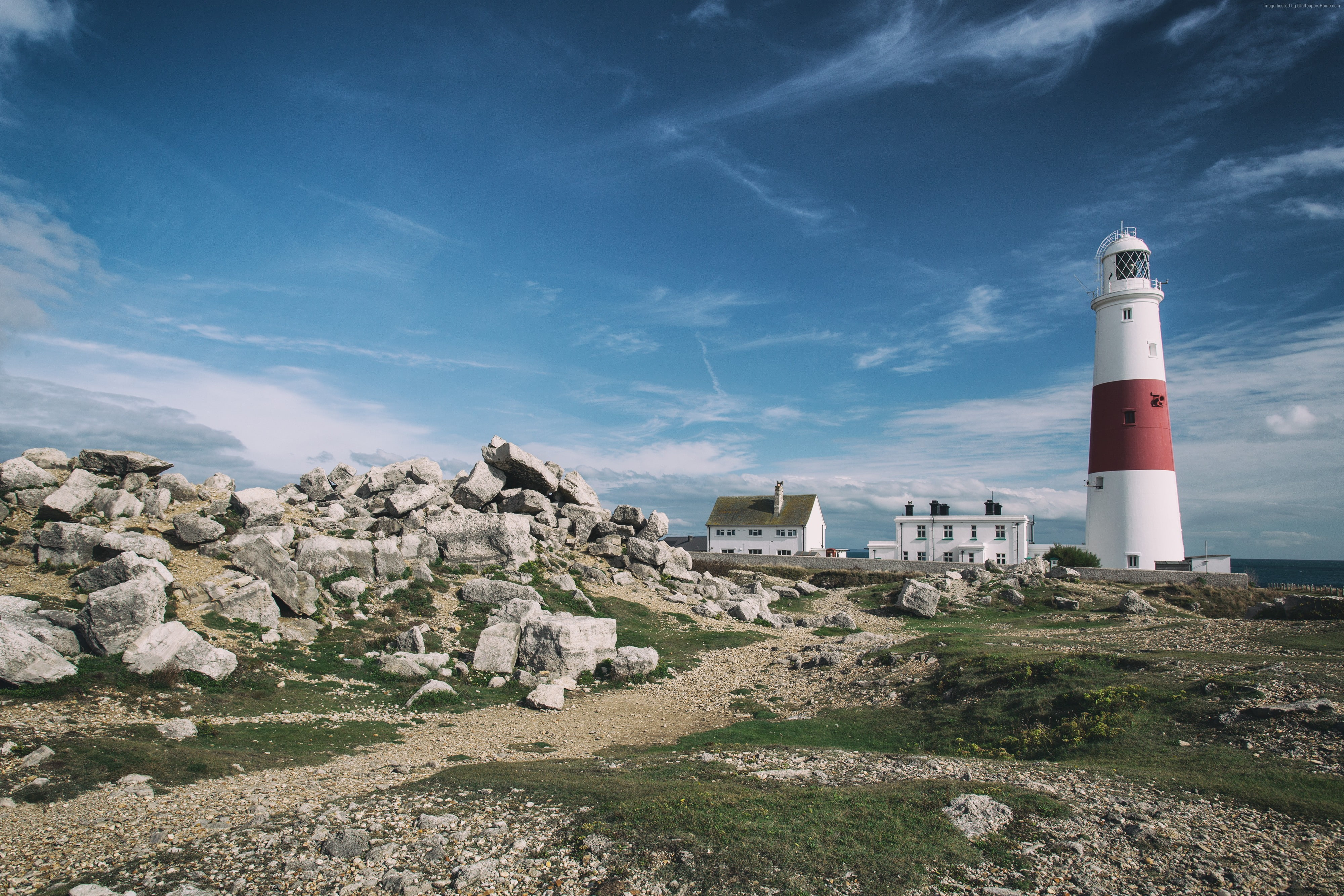 hills, sky, Jurassic Coast, 4K, 4k, Portland Bill Lighthouse, stones, Dorset, 5k, England, HD Wallpaper