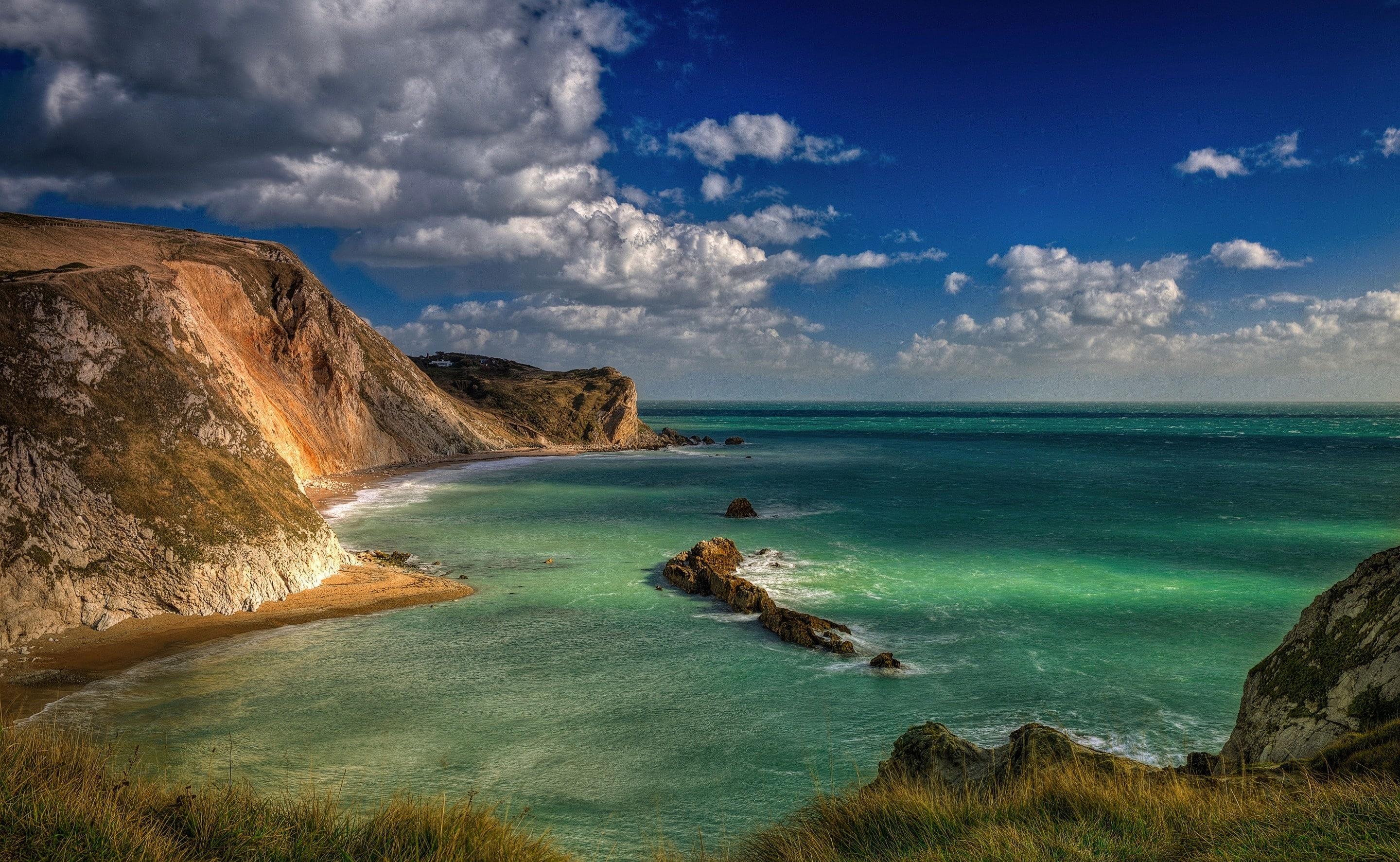 blue, 2K, dorset, tranquil scene, rock formation, england, turquoise colored, Europe, brown, rock, no people, tranquility, day, horizon, formation, durdle, HD Wallpaper