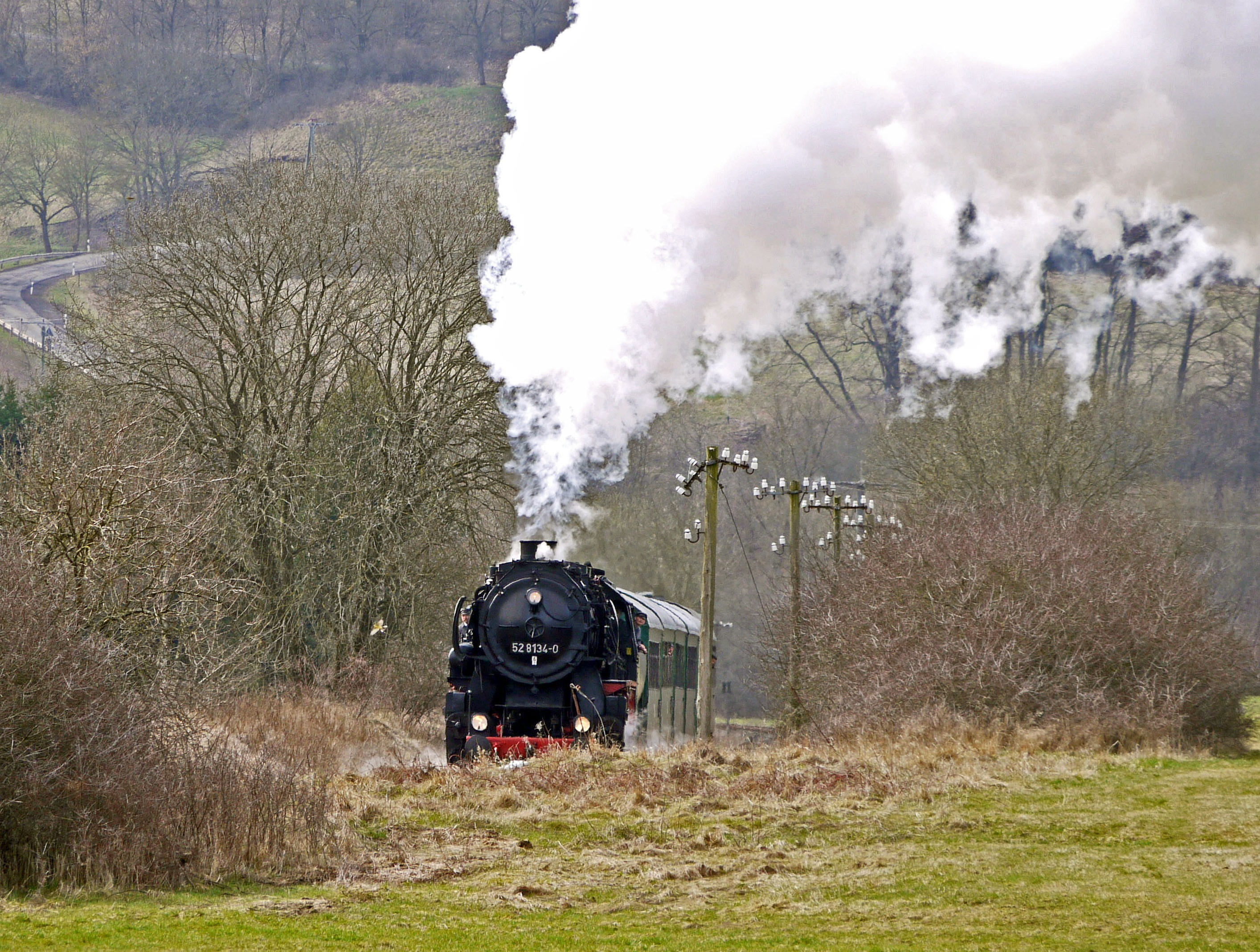 public transportation, telegraph poles, 2K, event, nostalgia, vulkaneifel, nature, eifel, steam, eifelquerbahn, rail transportation, tradition, smoke - physical structure, HD Wallpaper