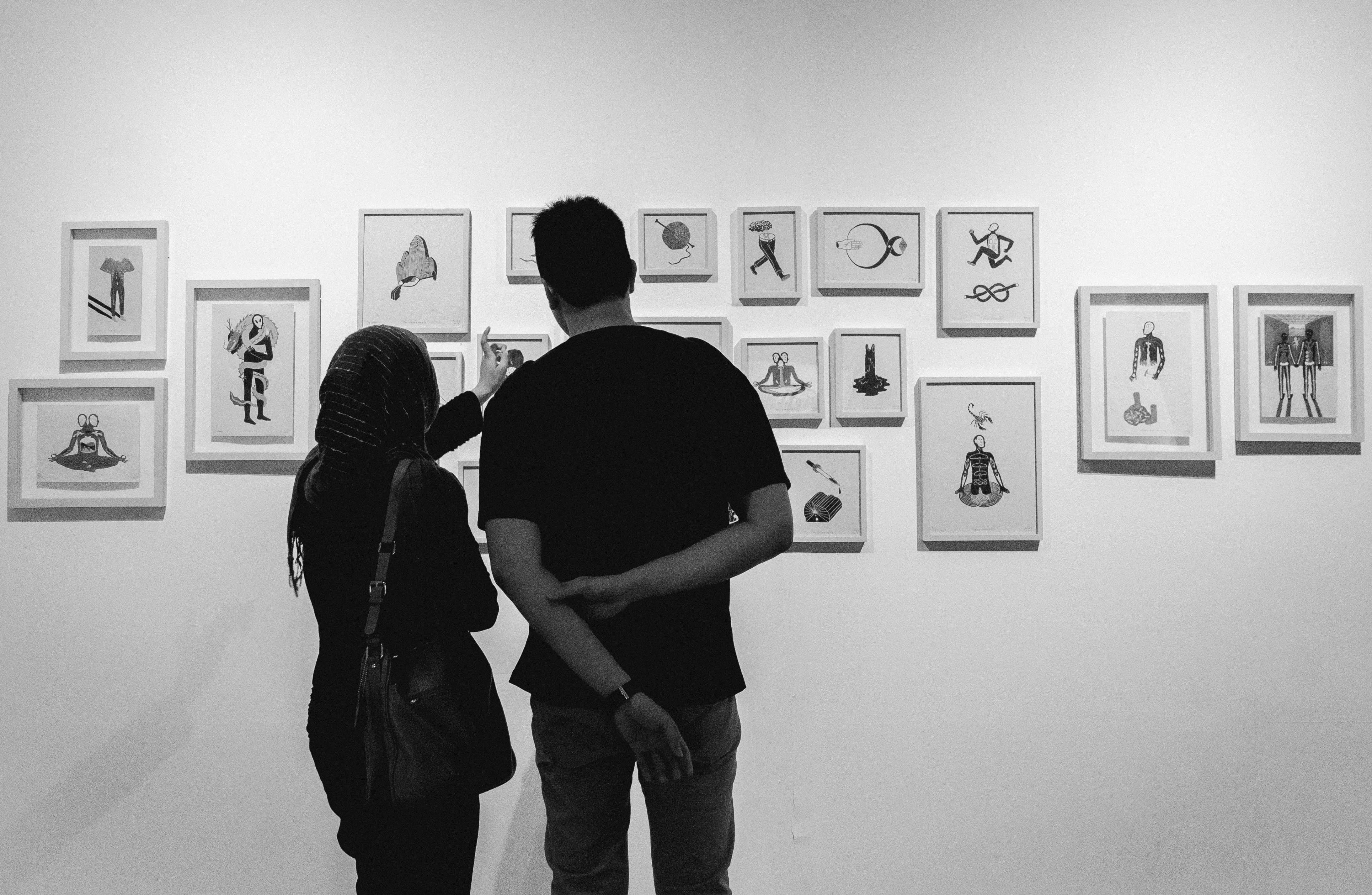 indoors, young men, picture frame, art, men, jogja national museum, people, positive emotion, black and white, woman, man, 4K, adult, love, frame, urban, HD Wallpaper