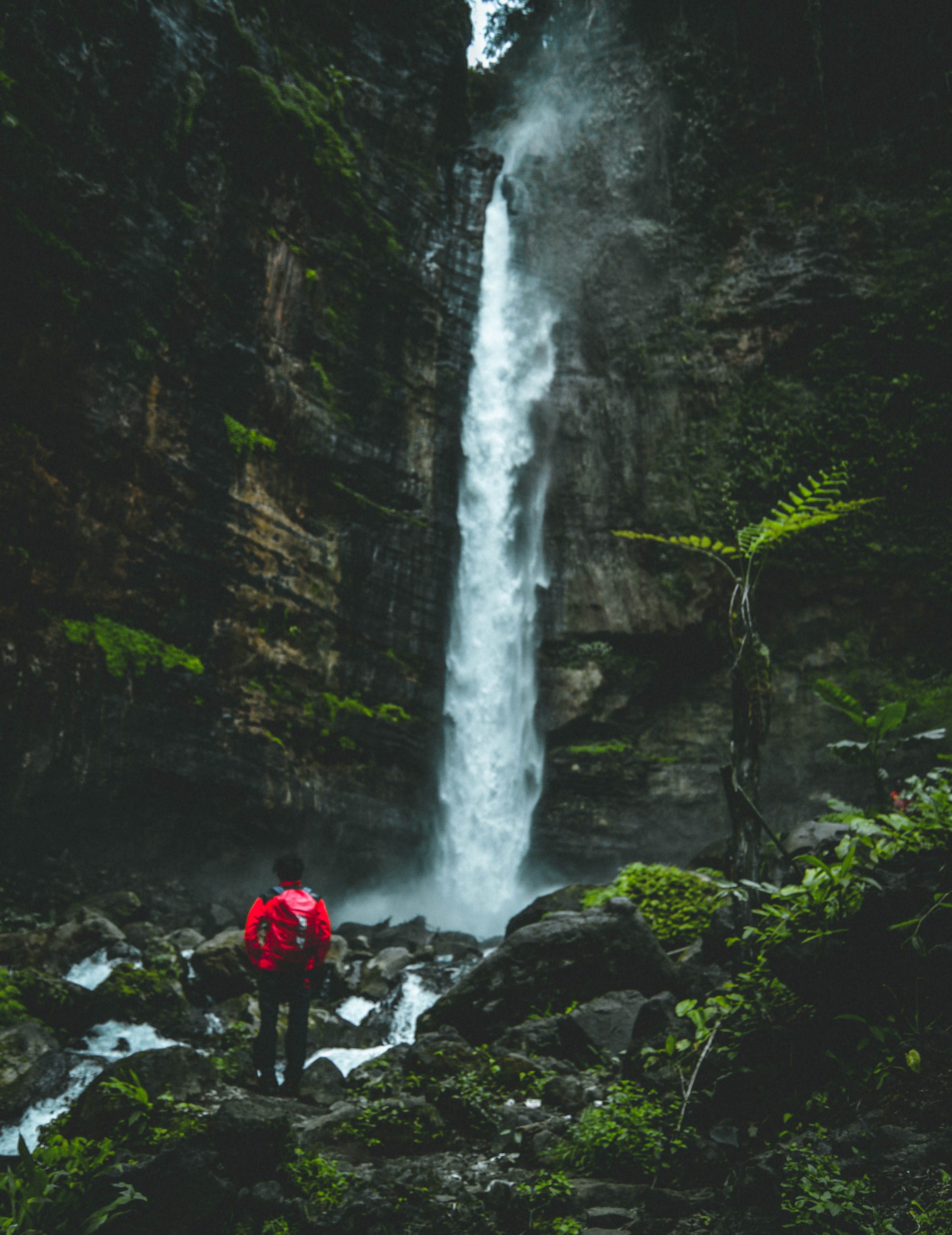 standing, motion, air terjun kapas biru, one person, blurred motion, long exposure, power in nature, flowing water, land, beauty in nature, solid, 4K, Phone HD Wallpaper