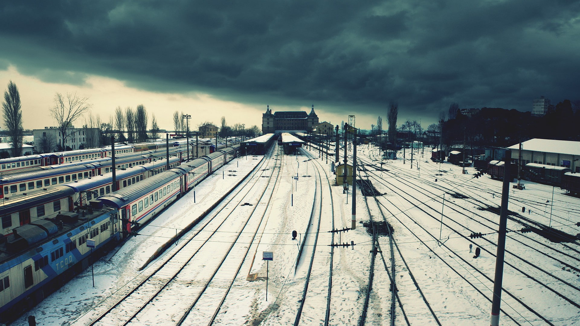 1080P, haydarpasa train station, city, locomotive, power lines, snow, clouds, train station, train, winter, rail yard, photography, Turkey, railway, Istanbul, HD Wallpaper