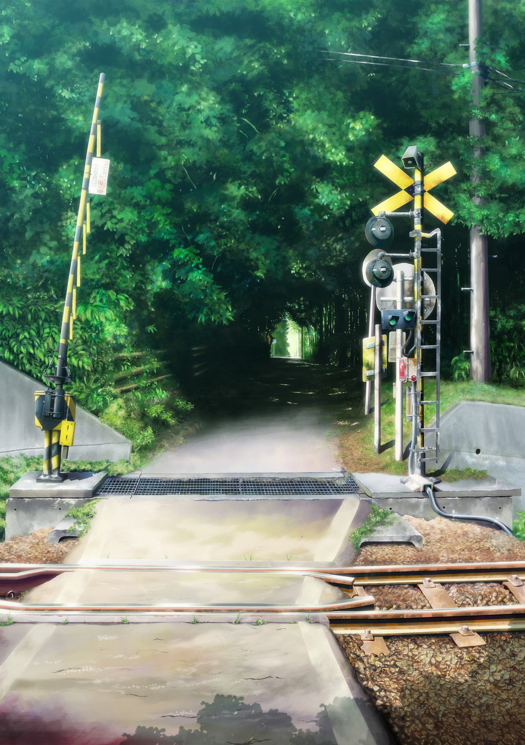 growth, plant, anime, track, road, railroad crossing, train, the way forward, city, transportation, direction, tree, street light, rail, outdoors, 1080P, Phone HD Wallpaper