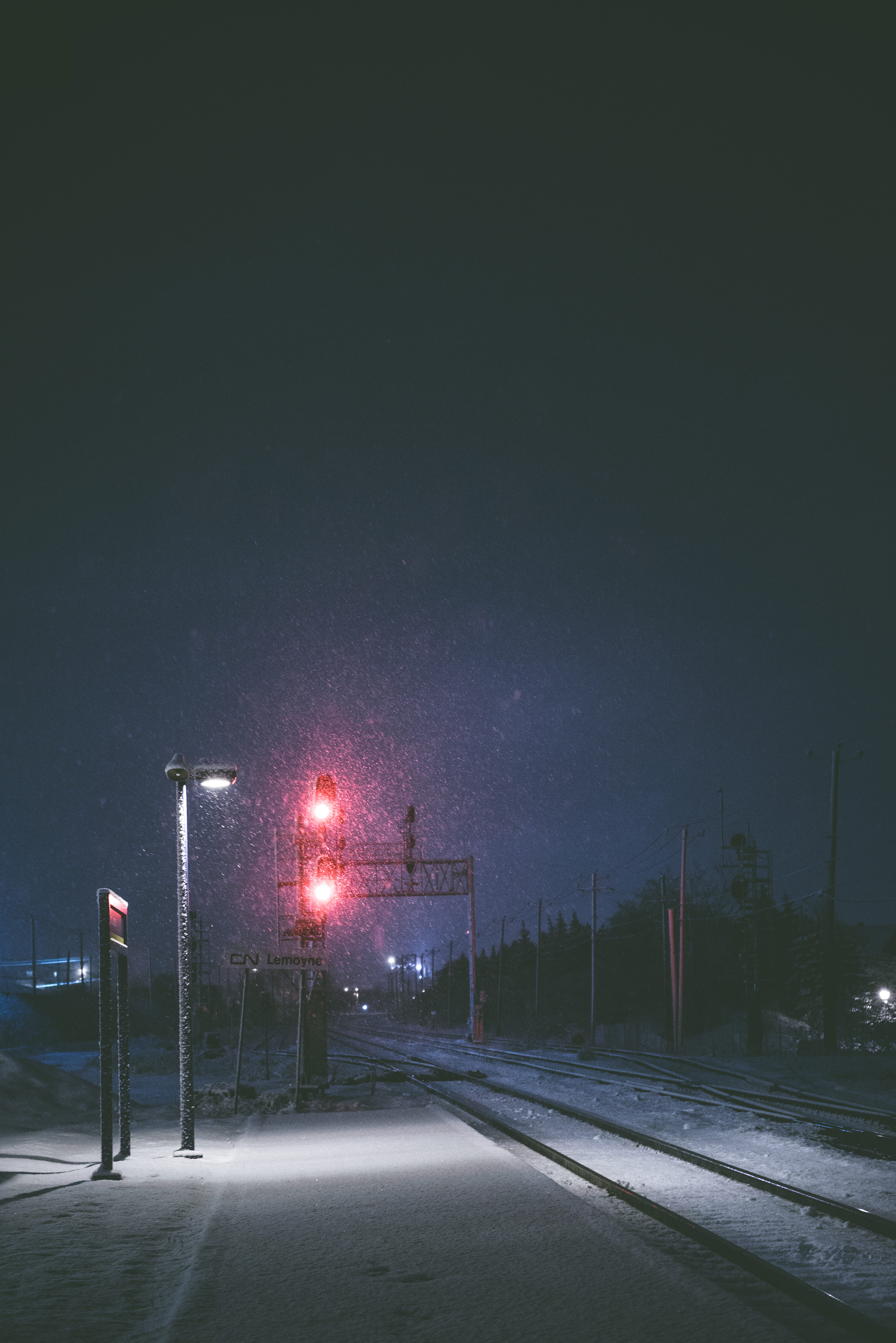 trees, sky, lights, sign, train station, copy space, snow, rail, no people, street light, train, evening, illuminated, the way forward, crossing, stop, Phone HD Wallpaper
