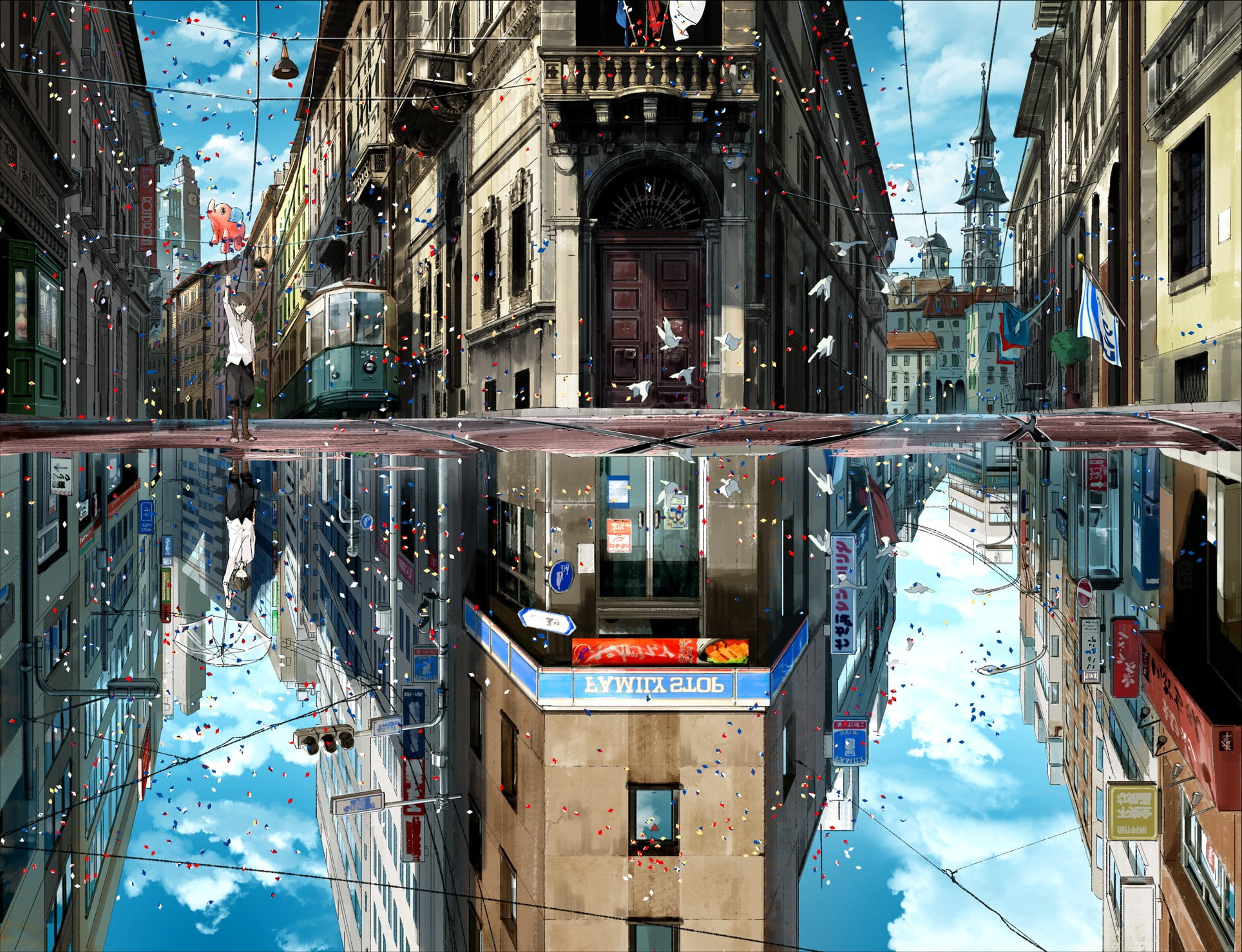 no people, architecture, GIMP, sky, spire, transportation, land vehicle, 1080P, anime, house, dove, clouds, window, built structure, balcony, city, tower, HD Wallpaper