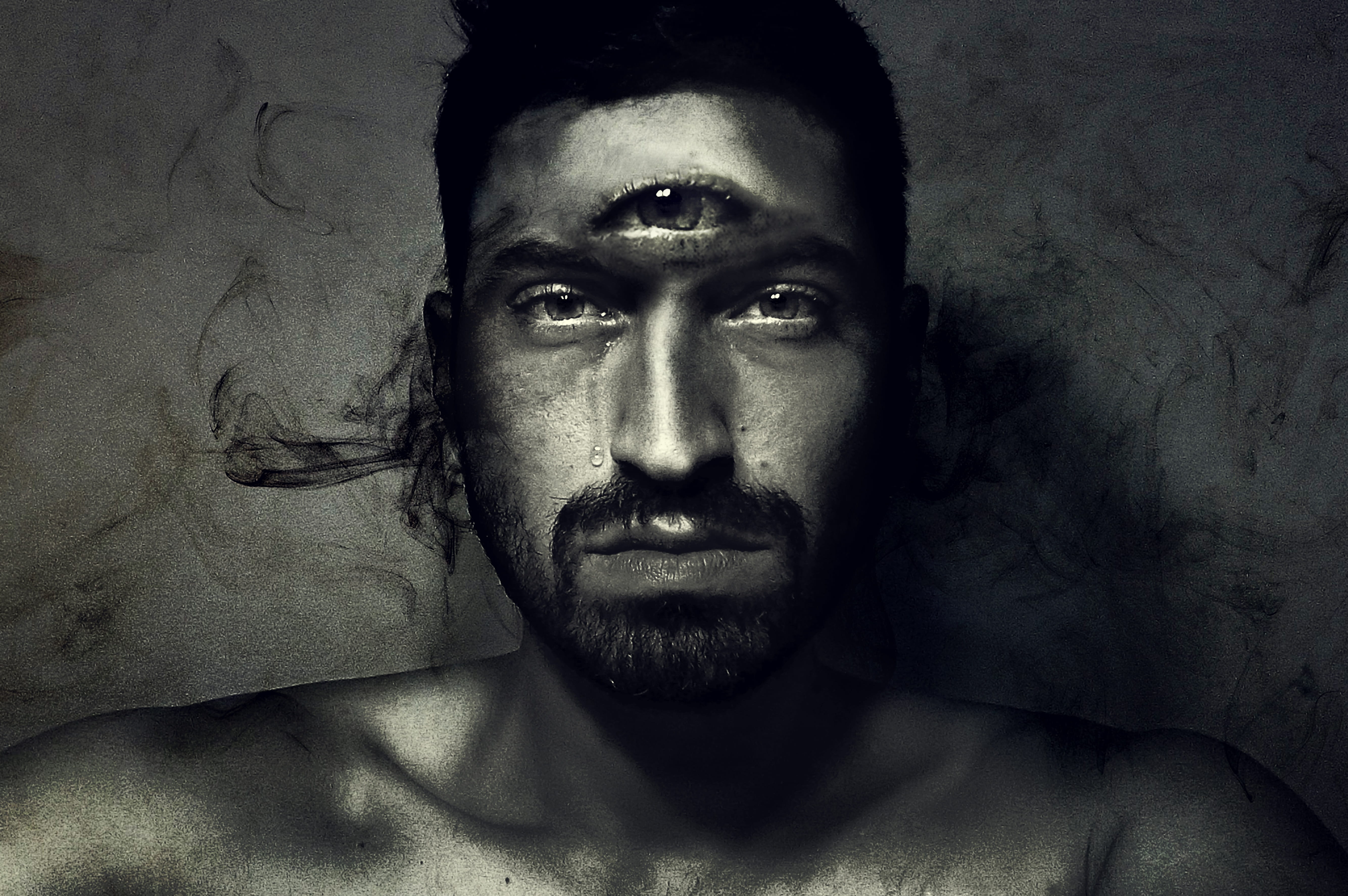 indoors, contemplation, front view, man, eyes, digital composite, human face, looking at camera, young men, painting, look, black and white, smoke, 5K, HD Wallpaper