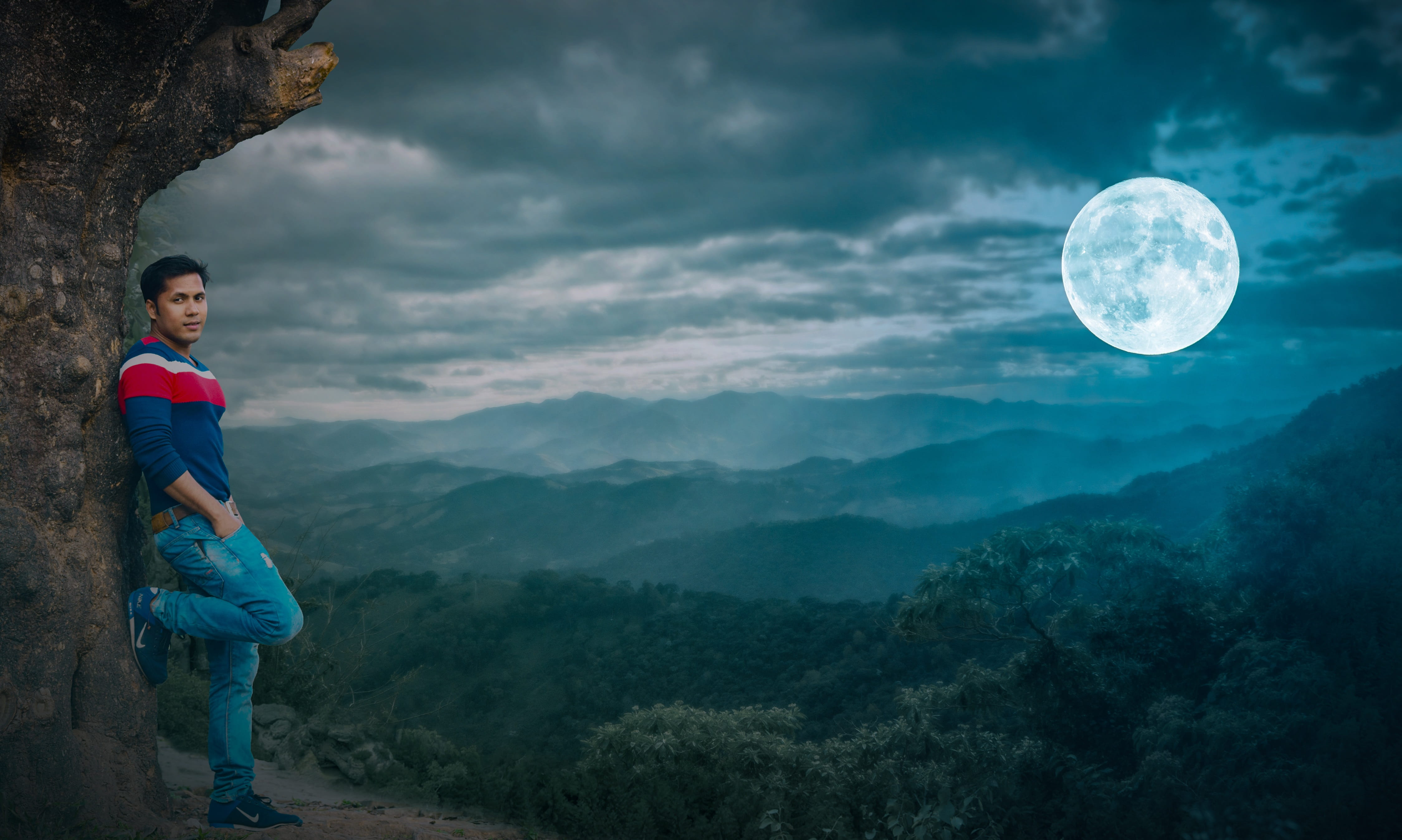 dream, boy, moon, full moon, landscape, looking at camera, standing, young adult, night, one person, tranquility, outdoors, cloud - sky, smart, tree, fantasy, HD Wallpaper