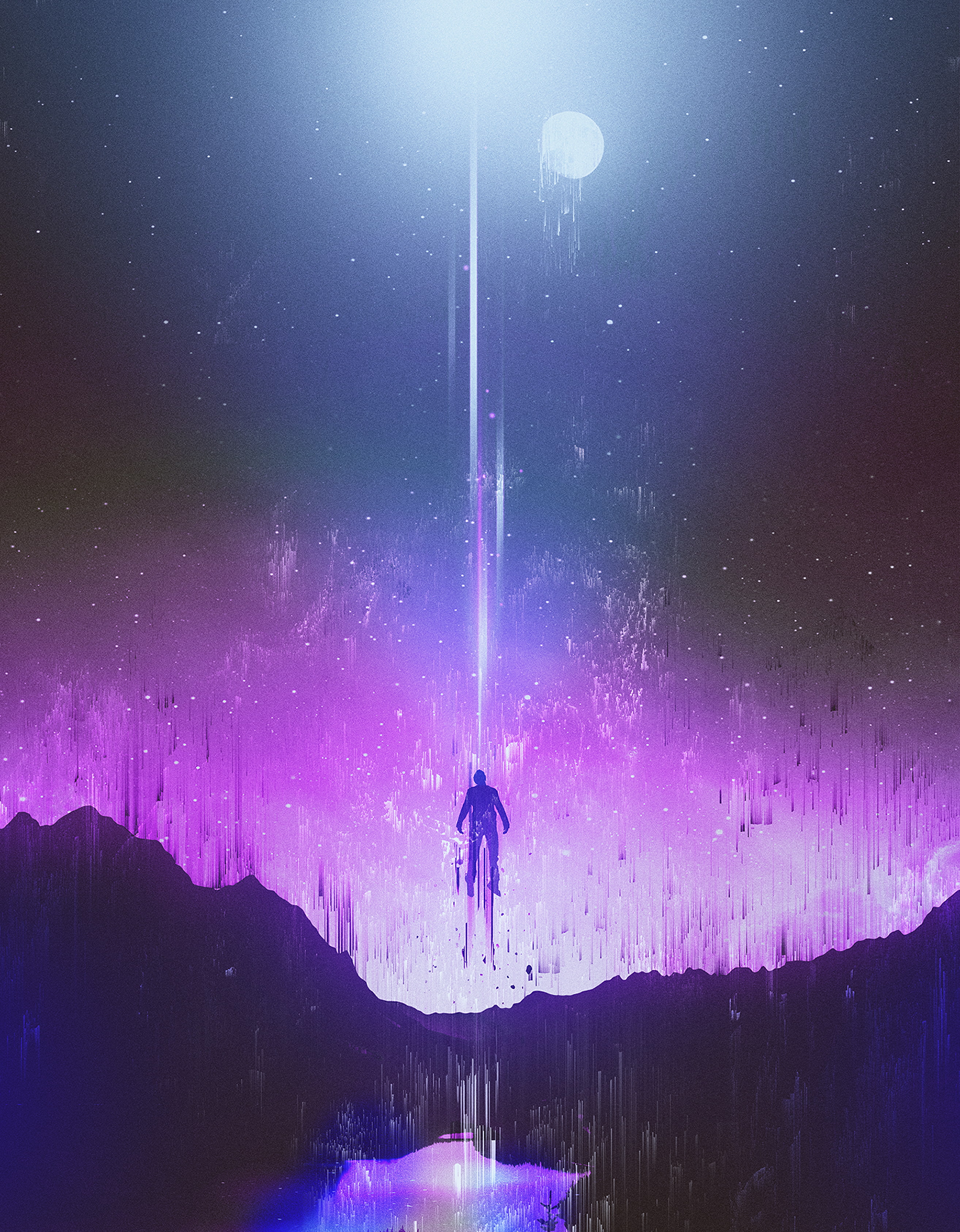 levitation, glitch, night, silhouette, 2K, mountains, Phone HD Wallpaper