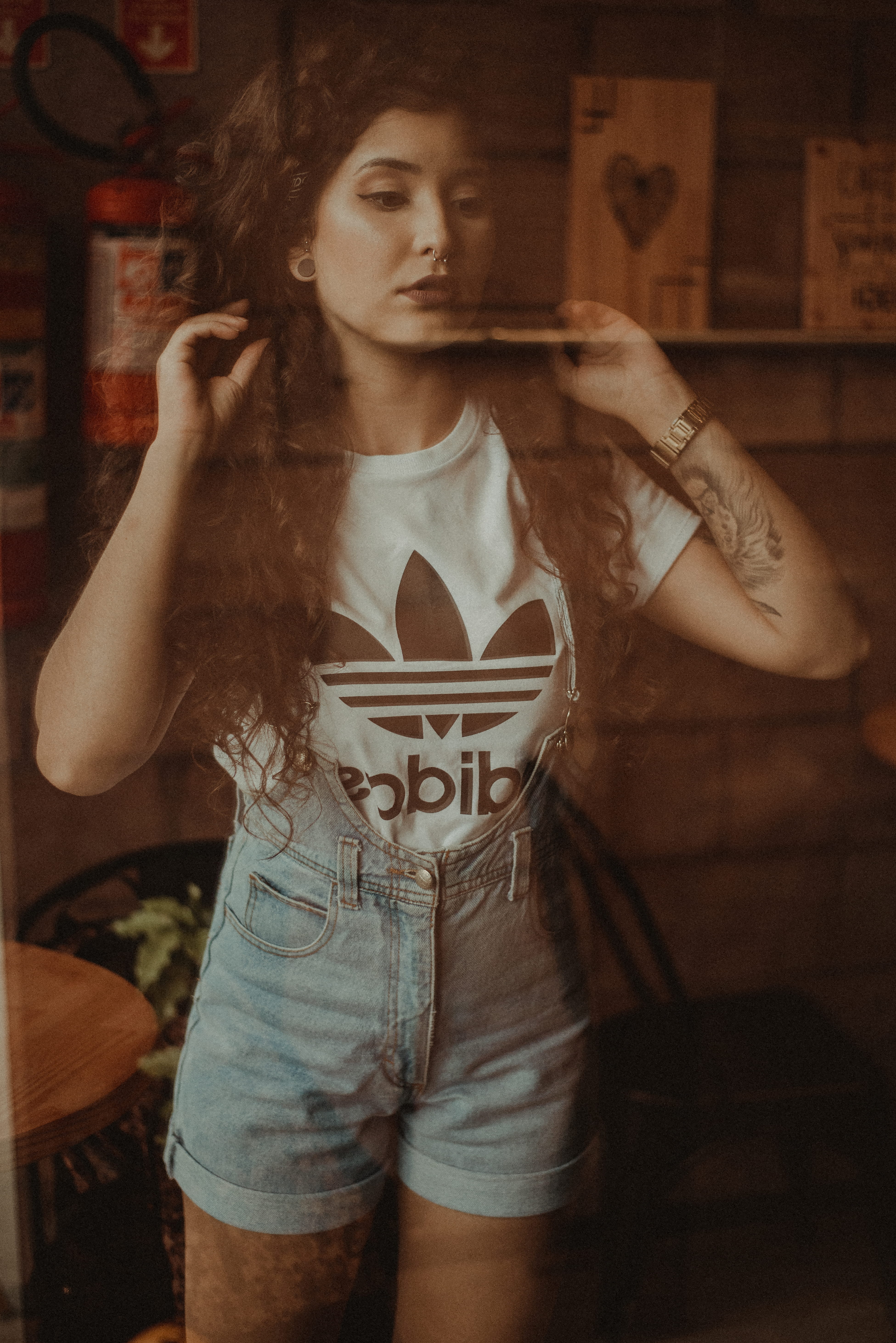 reflective, young women, wearing, t, adult, model, outfit, tattooed, reflection, tattoo, contemplation, mirror, looking, shirt, hair, style, looking at camera, Phone HD Wallpaper