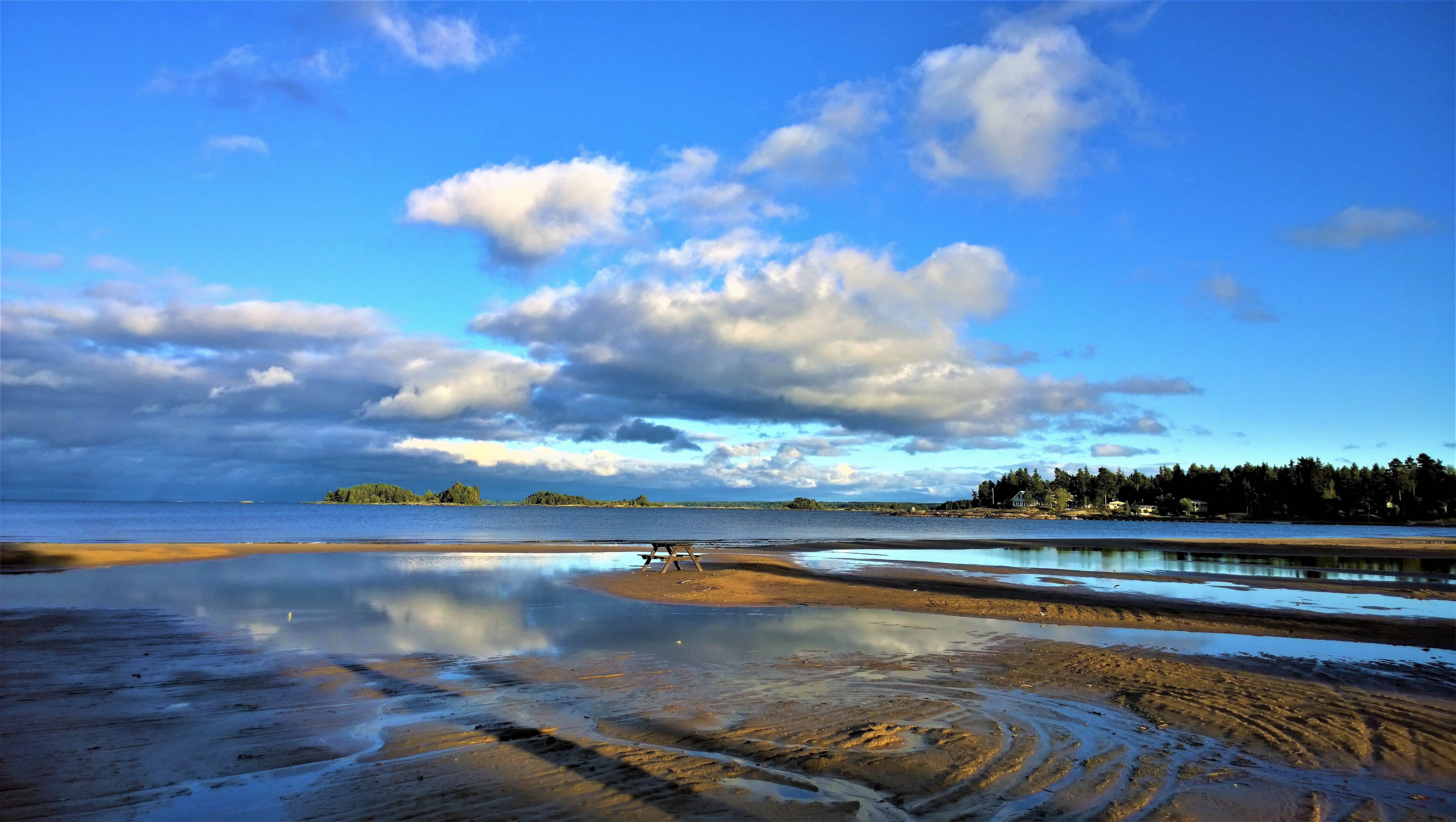 blue, summer, no people, view, coast, 8K, scandinavia, water, sunlight, mirror image, non-urban scene, landscape, swedish nature, nature, beach, views, HD Wallpaper