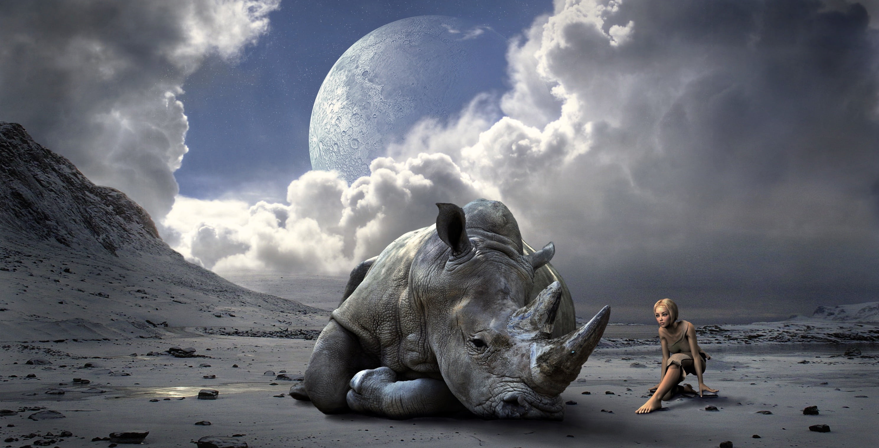 mountains, atmosphere, sea, animal, light, dinosaur, woman, d, triceratops, no people, adult, cloud - sky, animal wildlife, sitting, beauty in nature, statue, HD Wallpaper