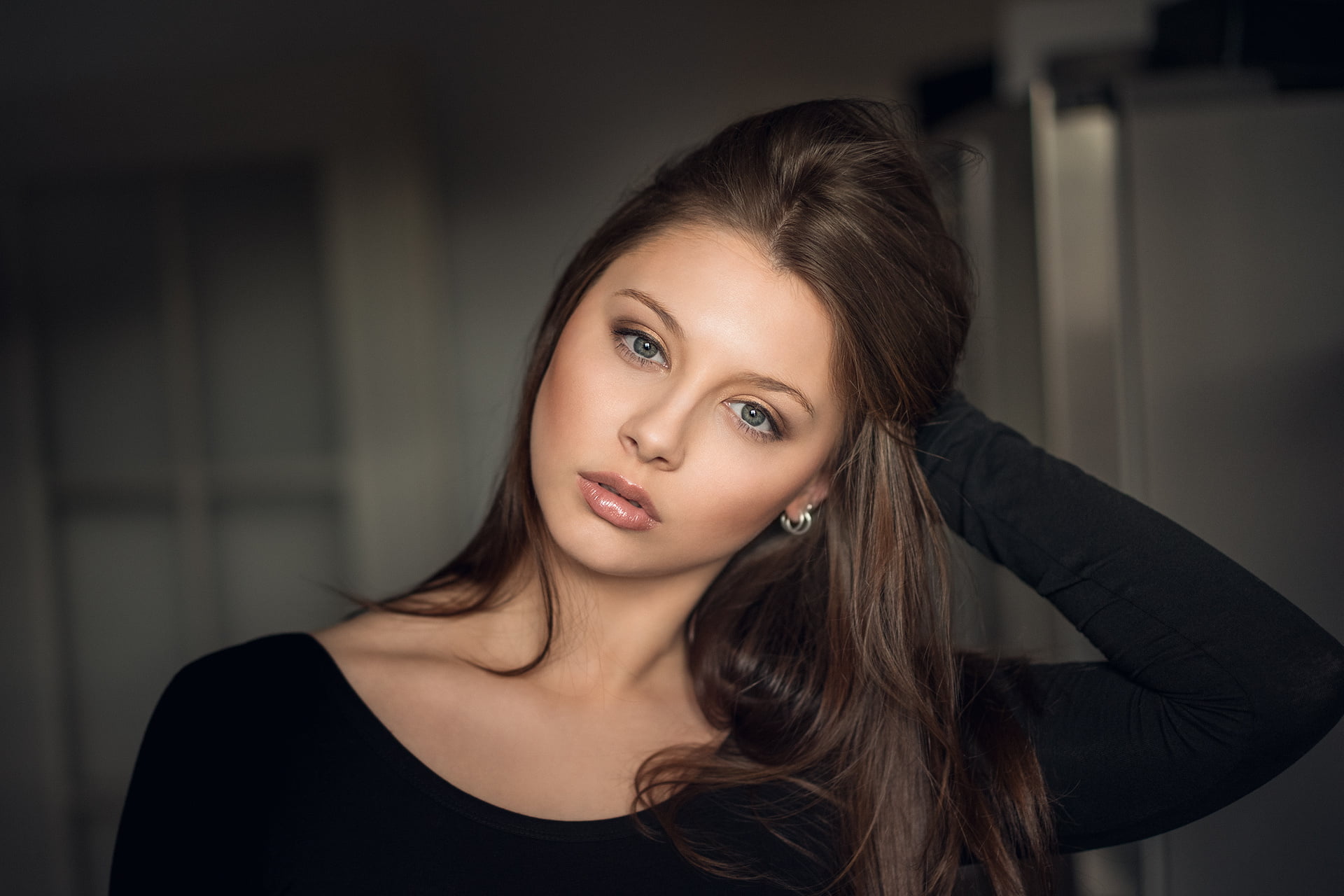 sweatshirt, makeup, brunette, bokeh, 1080P, beautiful, look, model, germany, attractive, cute, girl, appearance, face, beauty, portrait, Martin Kuhn, eyes, HD Wallpaper