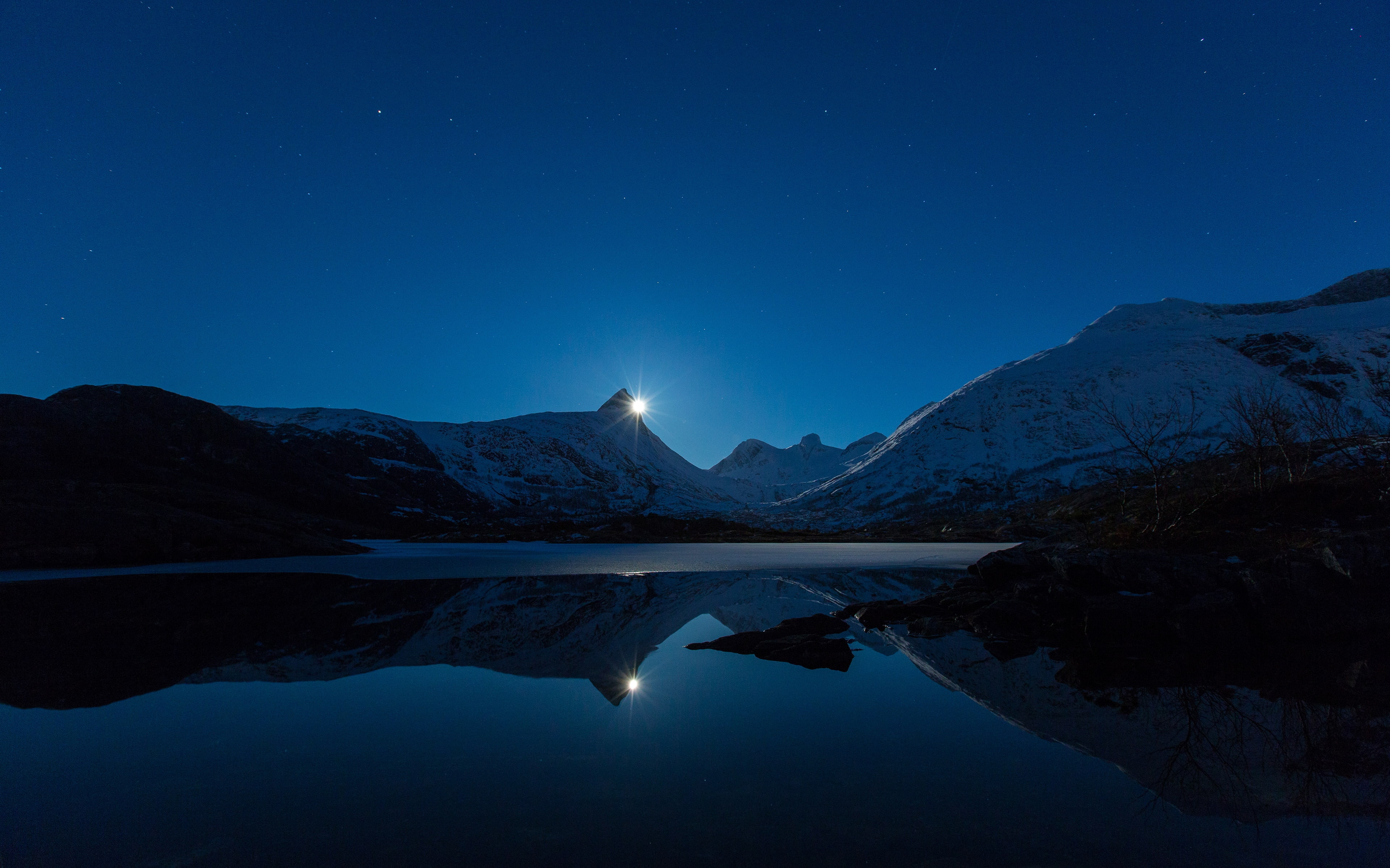 4K, mountain, lakes, reflection, moon, appears, stars, landscape, water, night, body, HD Wallpaper