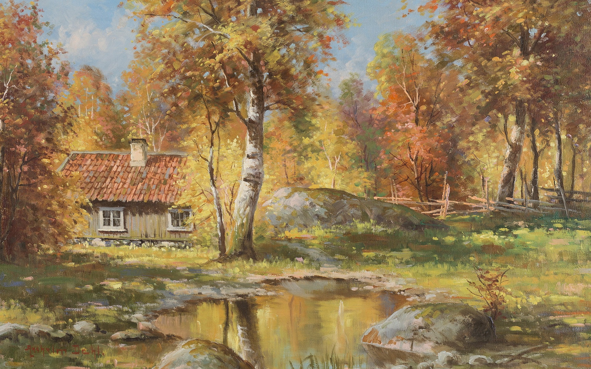 Swedish artist, Angel Dal, Swedish painter, 1080P, Autumn landscape, Anshelm Dahl, HD Wallpaper