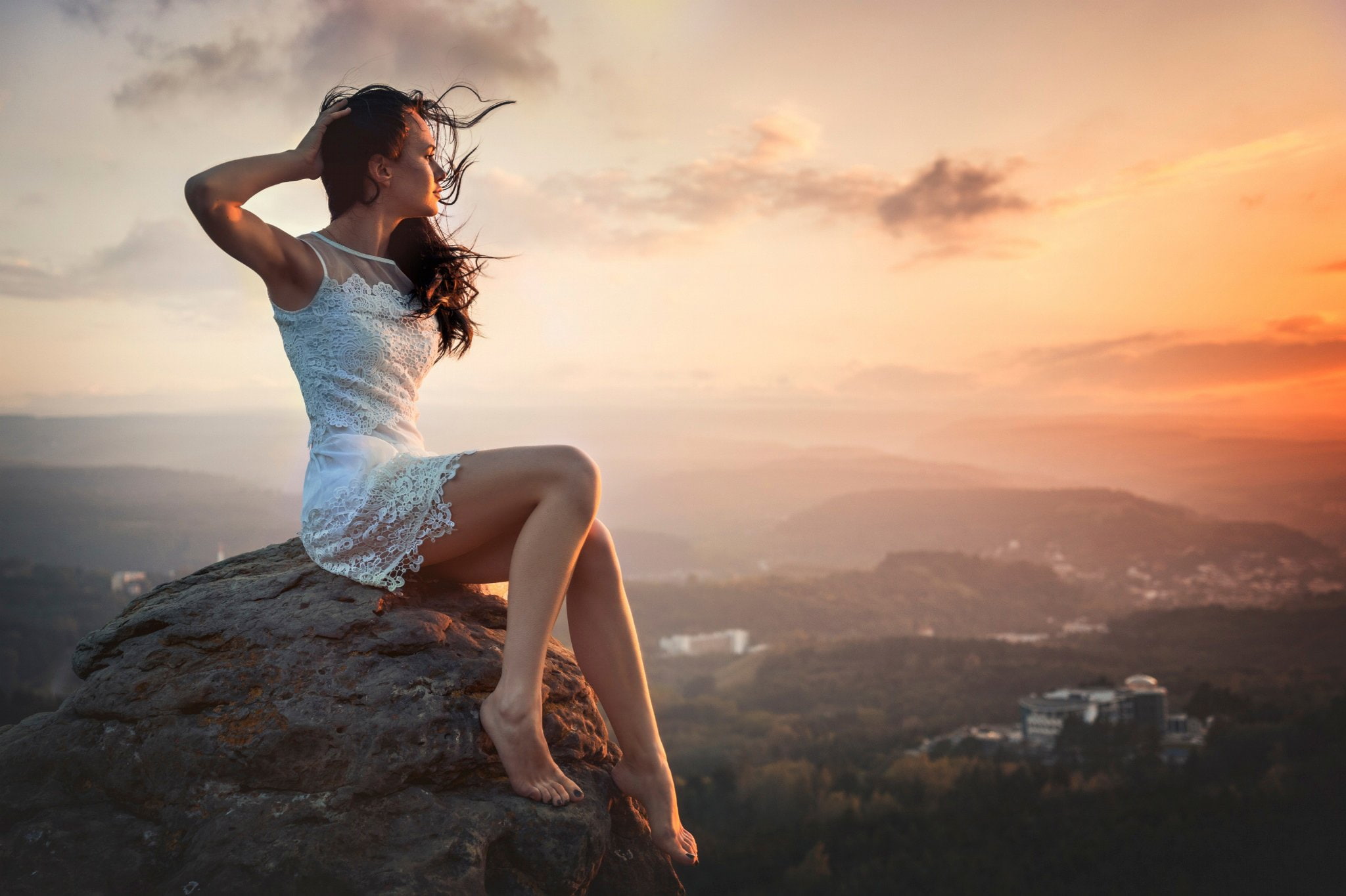 sky, cute, 1080P, landscape, view, lady, sunset, adorable, city, beautiful, romantic, great, height, wind, gorgeous, pretty, rocks, sweet, sun, beauty, HD Wallpaper