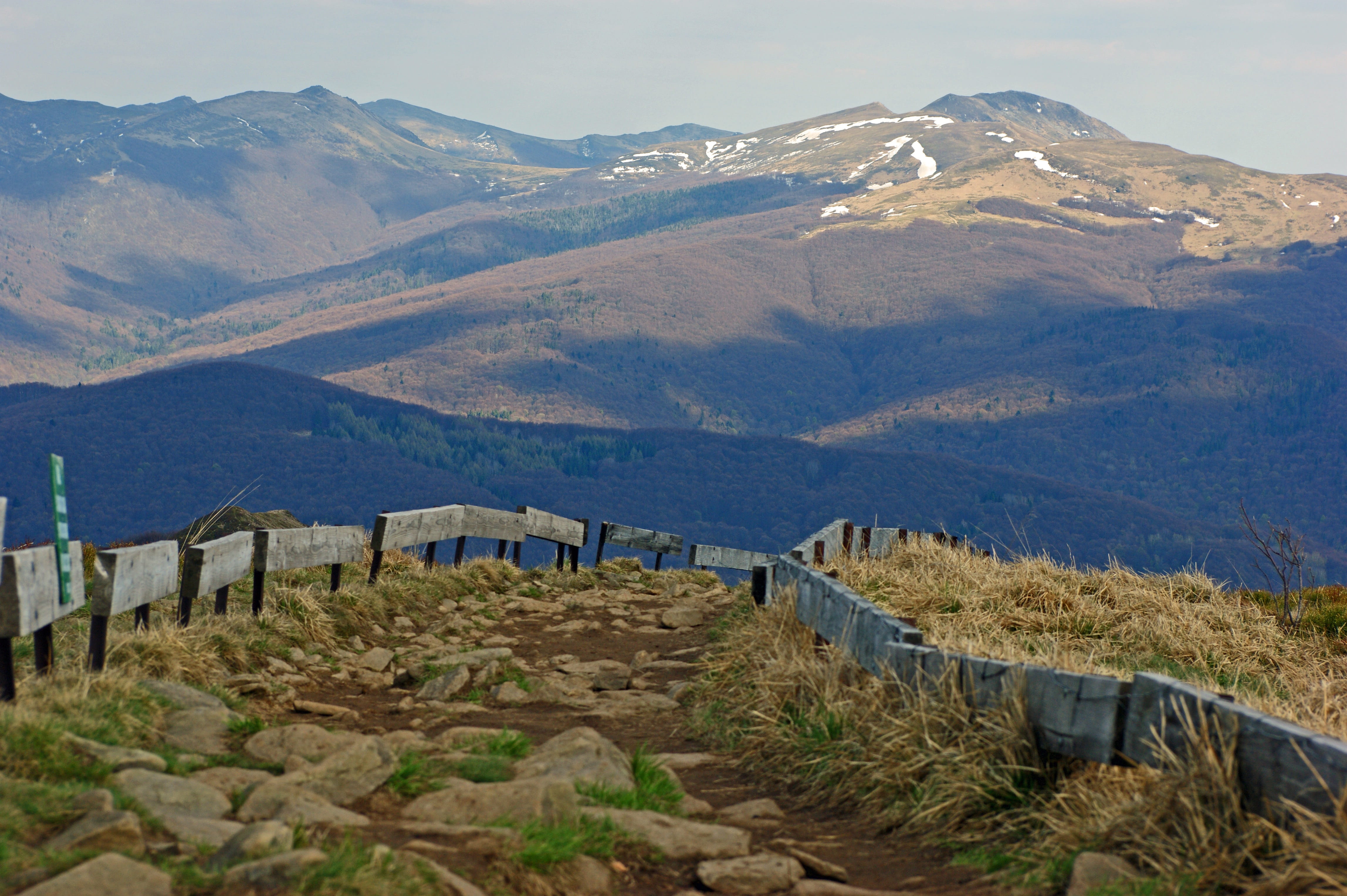 mountain range, trail, no people, fence, plant, land, the horizon, panorama, sky, travel, green, mountain, 4K, landscape, non-urban scene, tranquil scene, HD Wallpaper