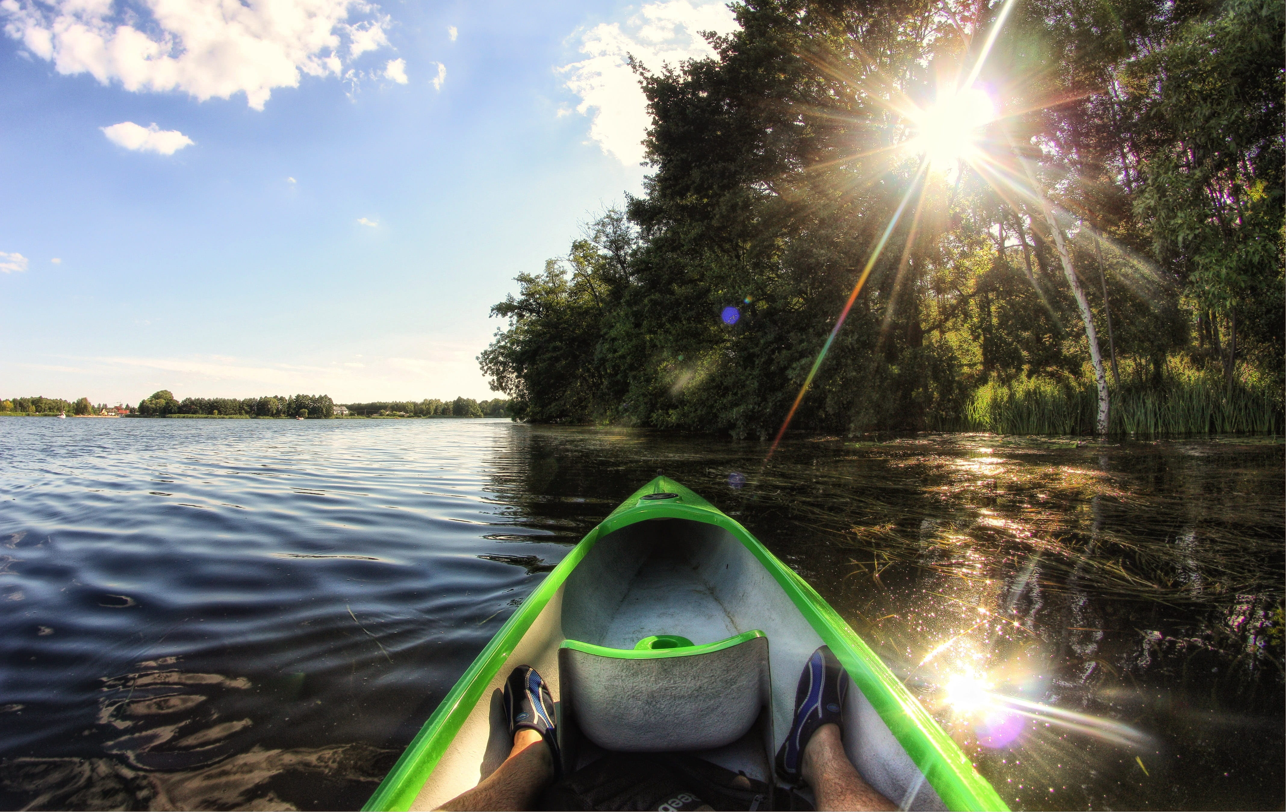 nautical vessel, the sun, holiday, rafting, sky, sunbeam, summer, body, day, transportation, green, leisure, swim, water sport, 4K, sun, the silence, nature, HD Wallpaper