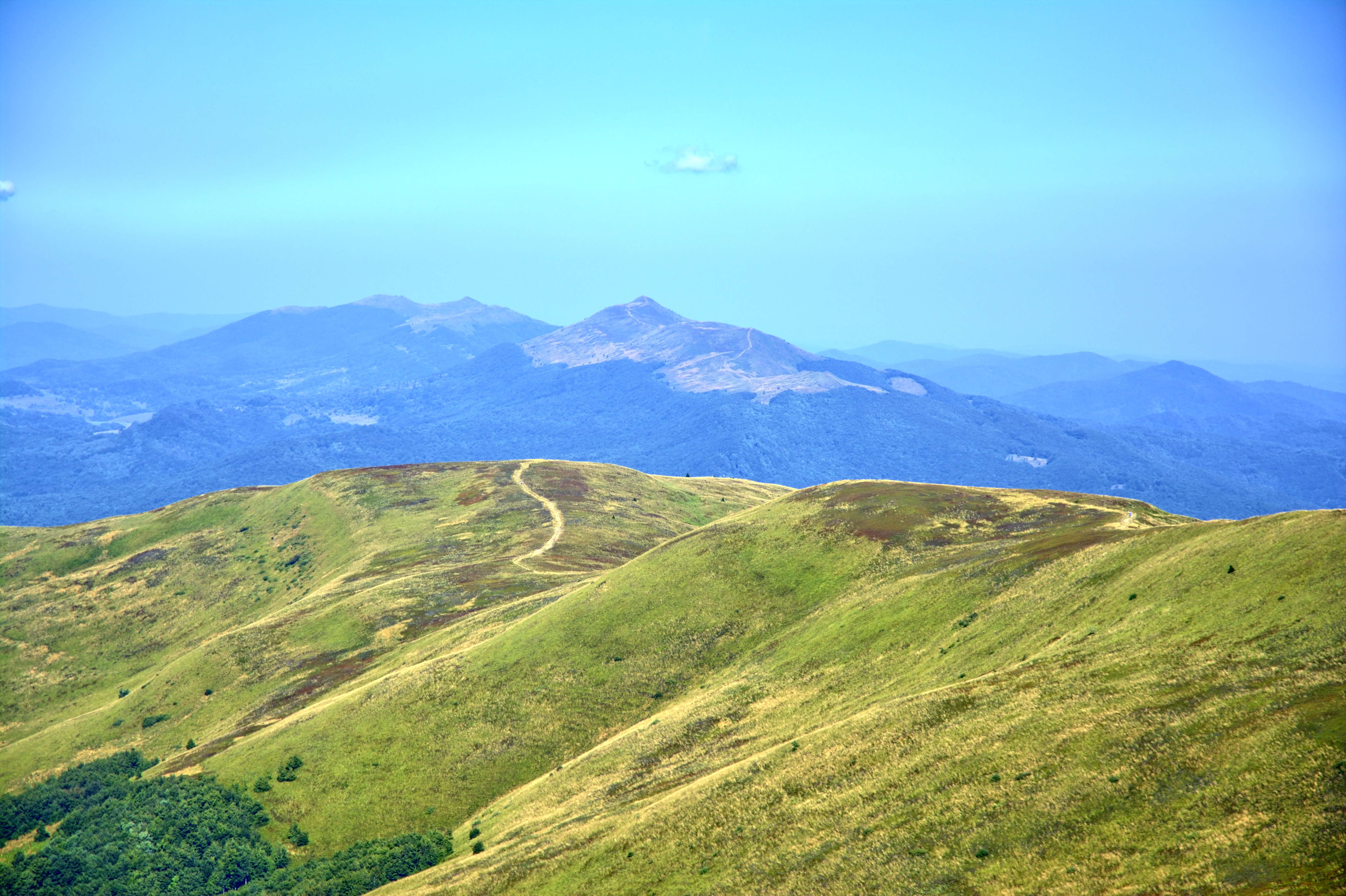tranquility, blue sky, tourism, outdoors, poland, non-urban scene, tops, holiday, tarnica, mountain range, view, landscape, day, panorama, peace of mind, HD Wallpaper