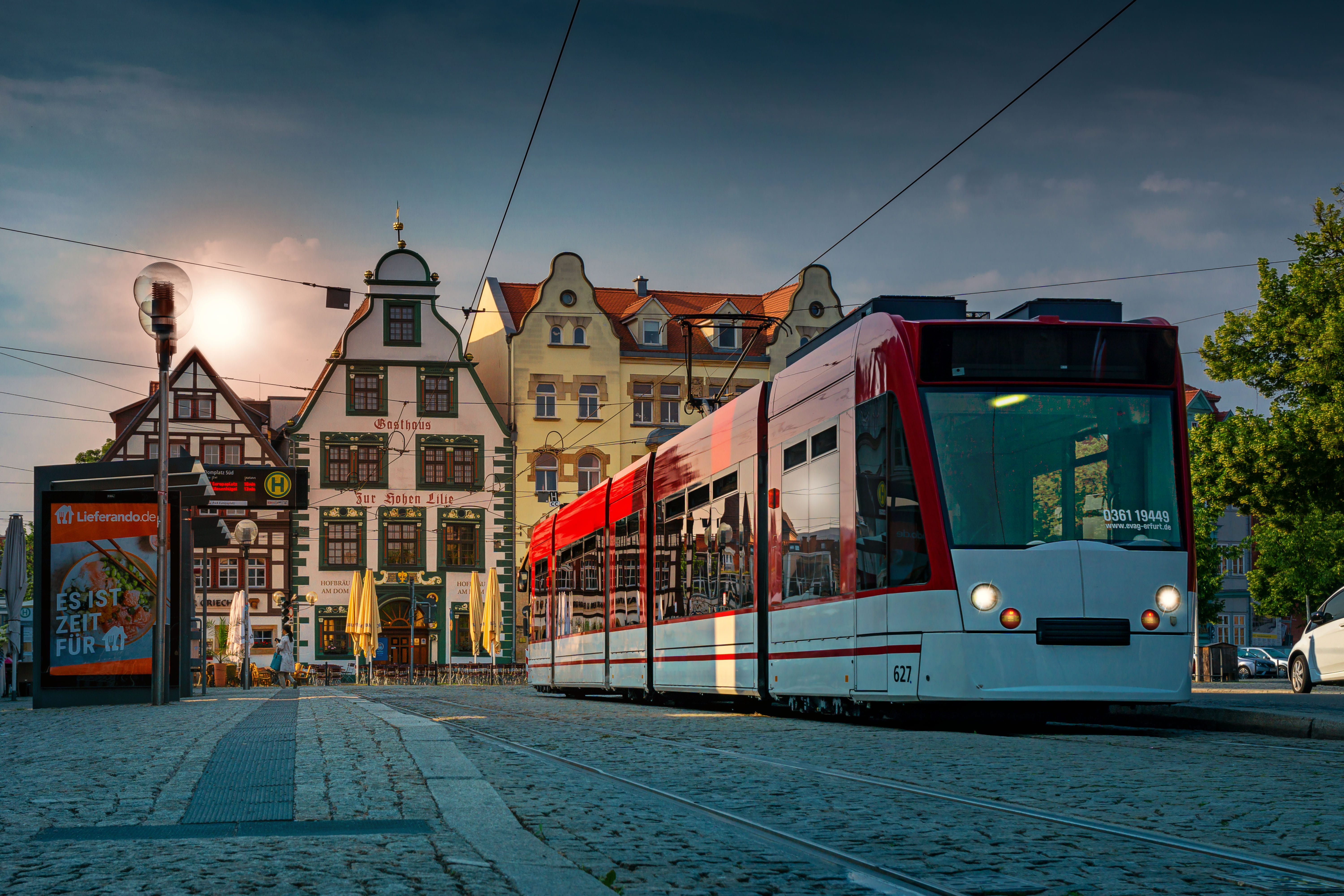 light, transportation, sky, incidental people, mood, tram, historically, building exterior, cloud - sky, mode of transportation, electricity, street, historic old town, HD Wallpaper