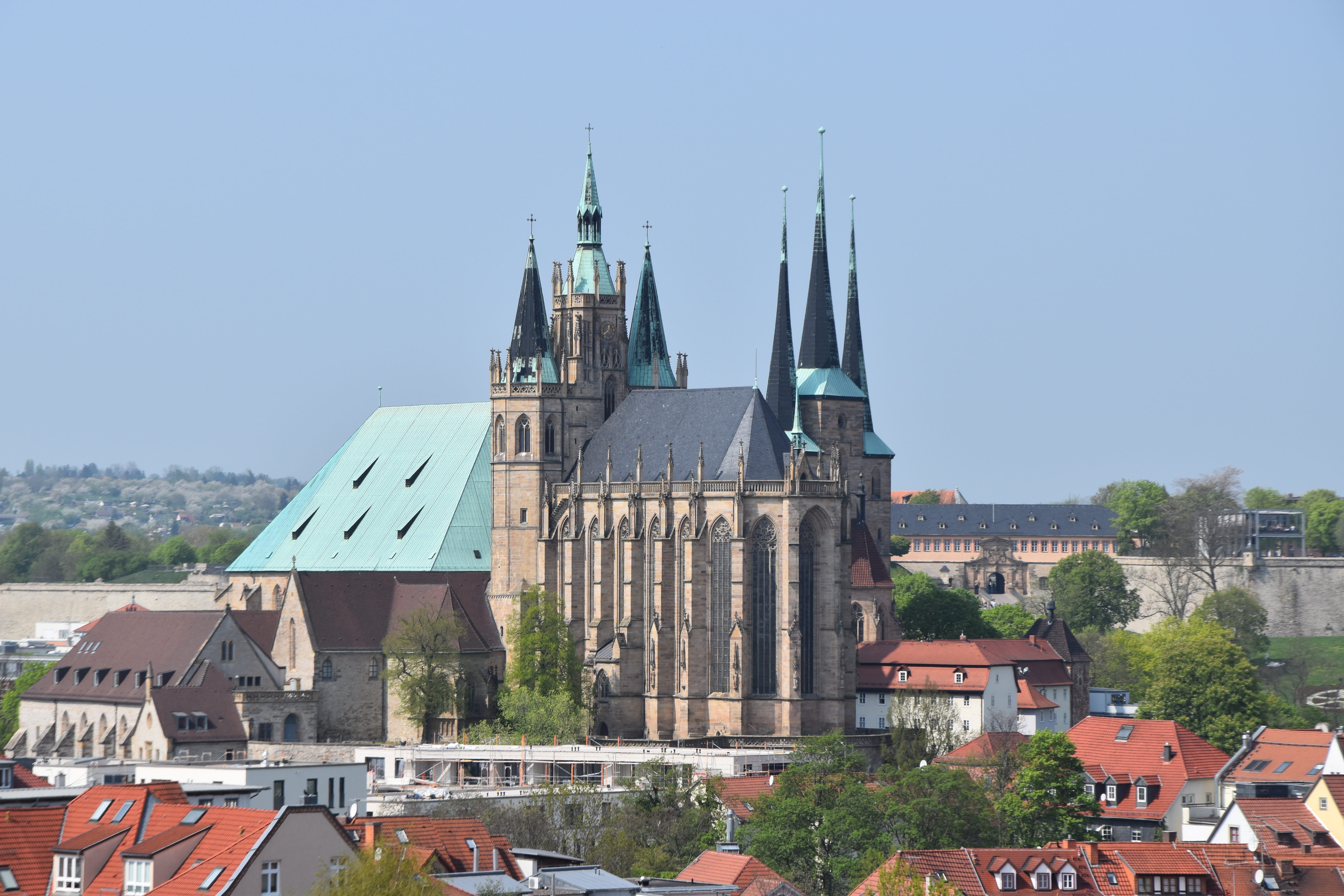 5K, travel, severi, built structure, architecture, building exterior, thuringia germany, spire, religion, blue, day, no people, roof, place of worship, HD Wallpaper
