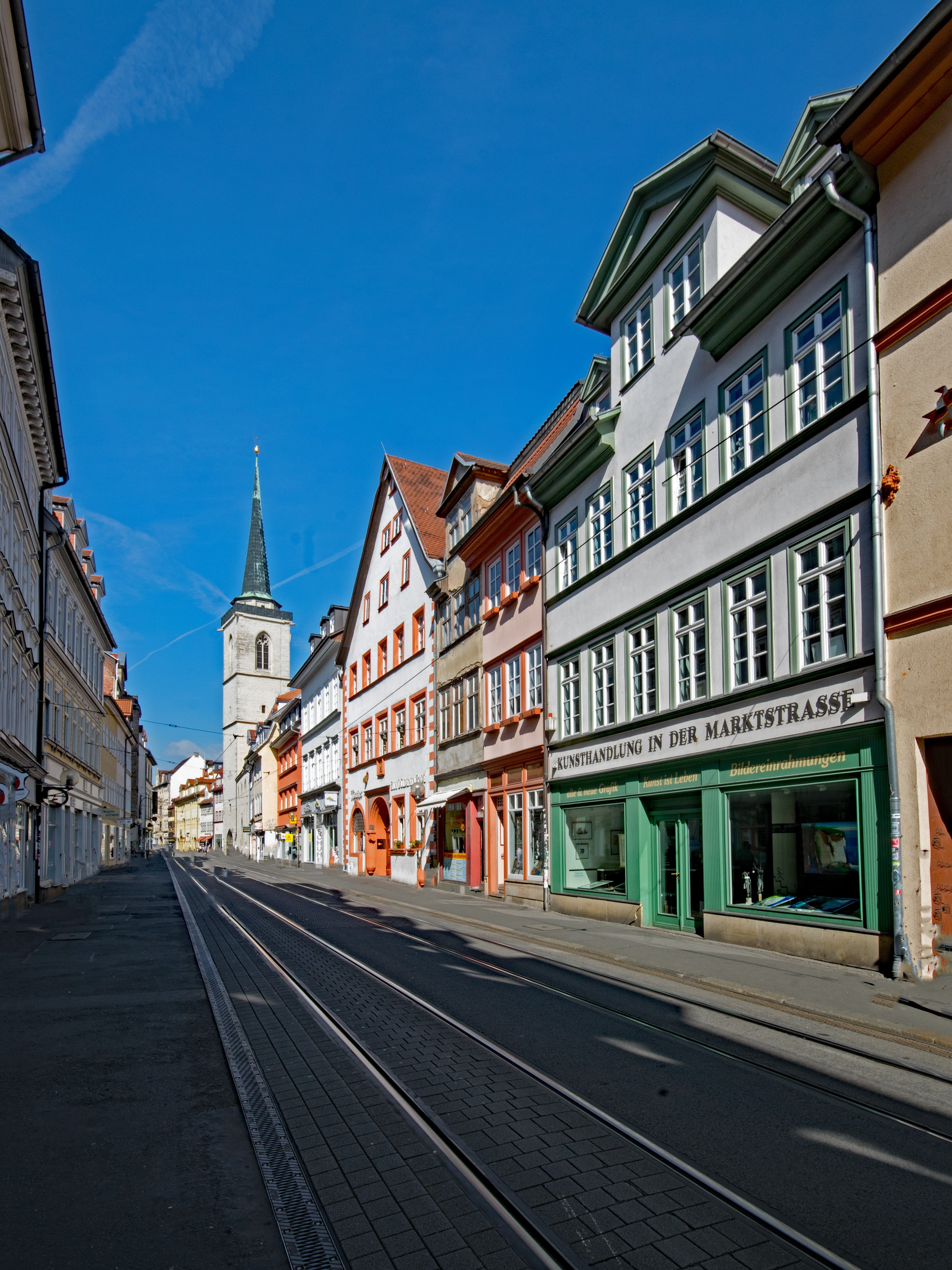 diminishing perspective, no people, history, erfurt, road, built structure, street, travel destinations, religion, germany, places of interest, blue, direction, Phone HD Wallpaper