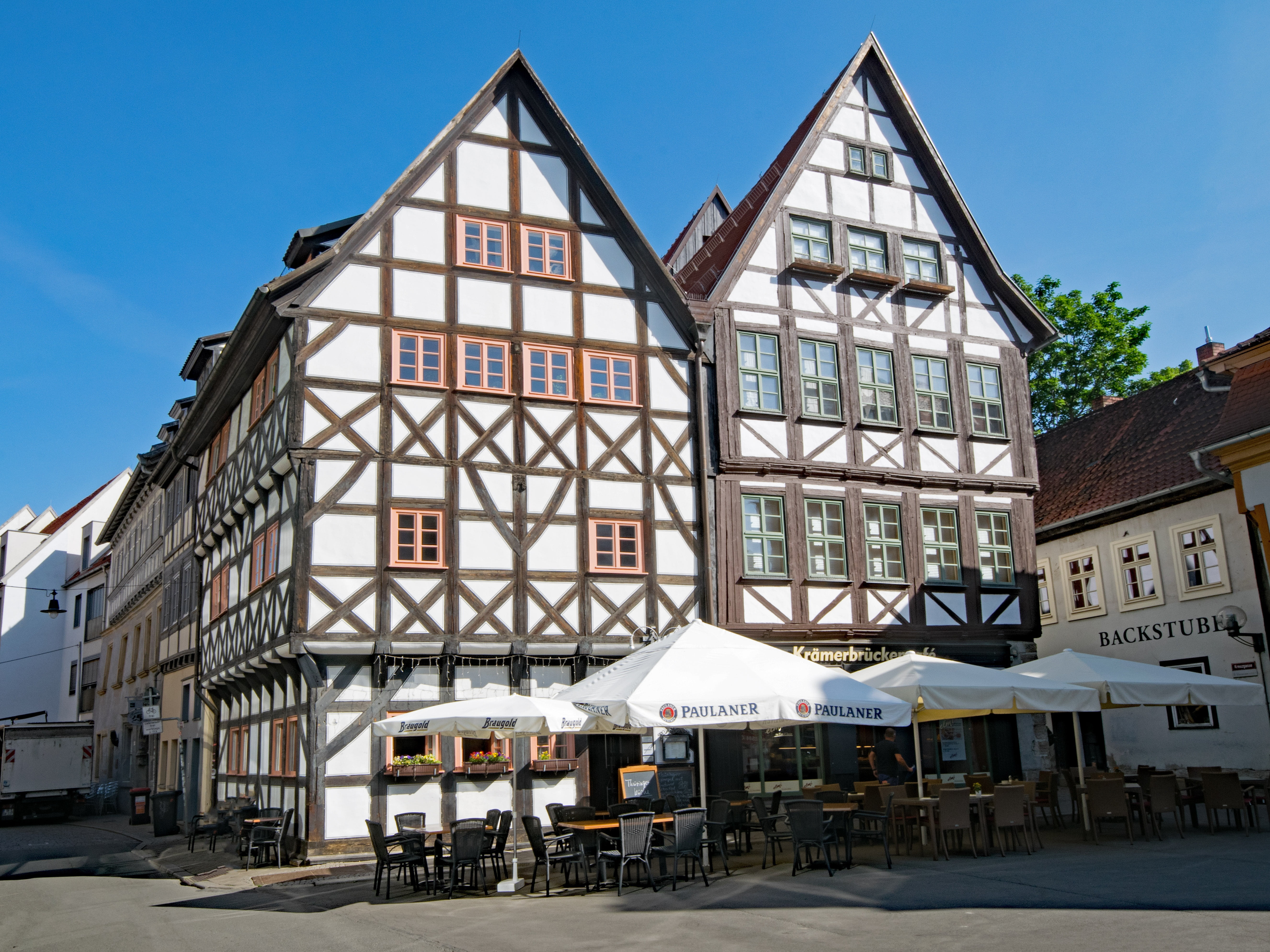 architecture, town, germany, built structure, house, fachwerkhaus, cafe, erfurt, nature, residential district, sky, window, clear sky, transportation, old building, HD Wallpaper