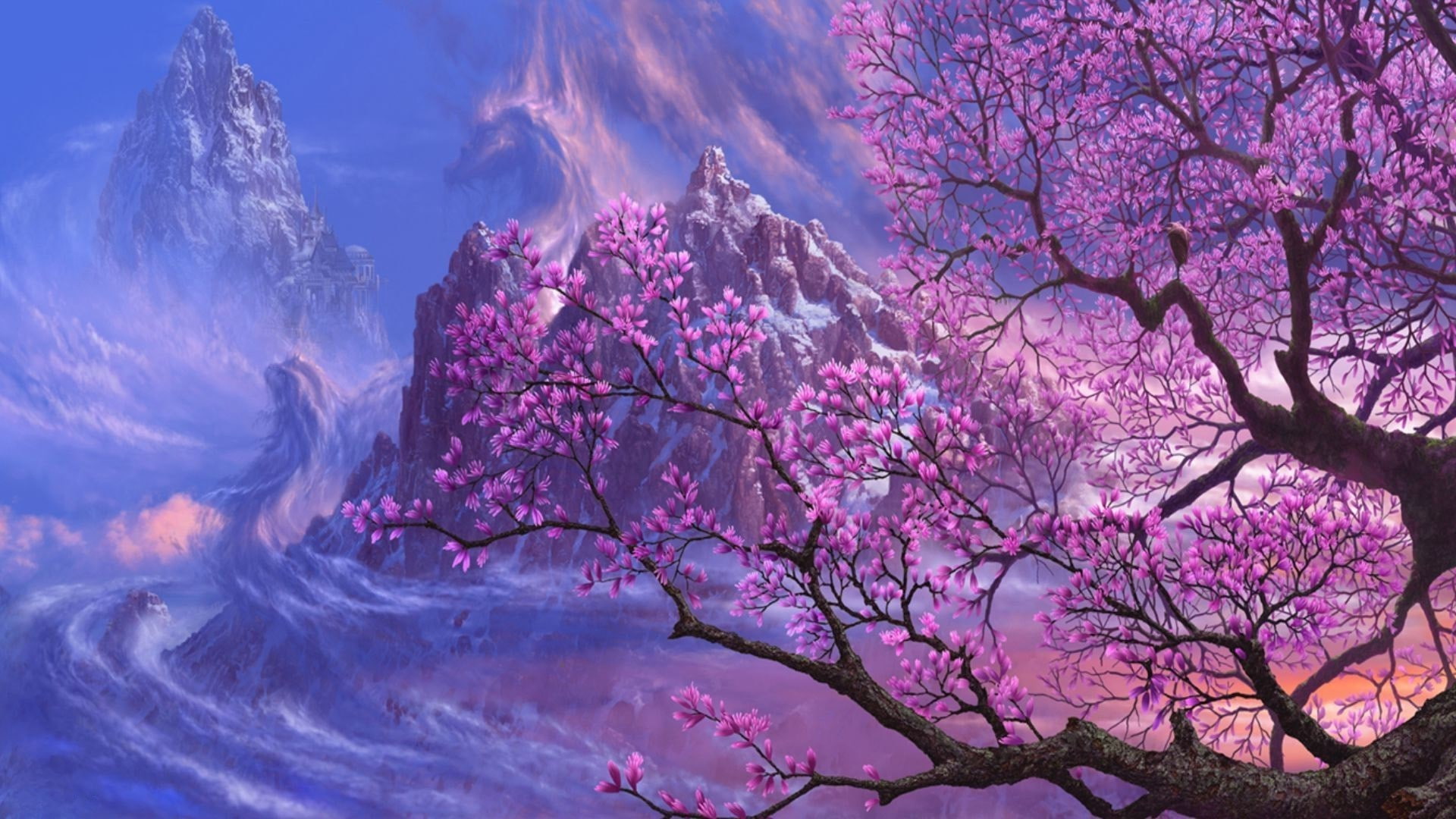 blossom, fantasy landscape, spring, branch, nature, 1080P, tree, mount scenery, mountain range, mountain, magnolia, magnolia blossom, HD Wallpaper