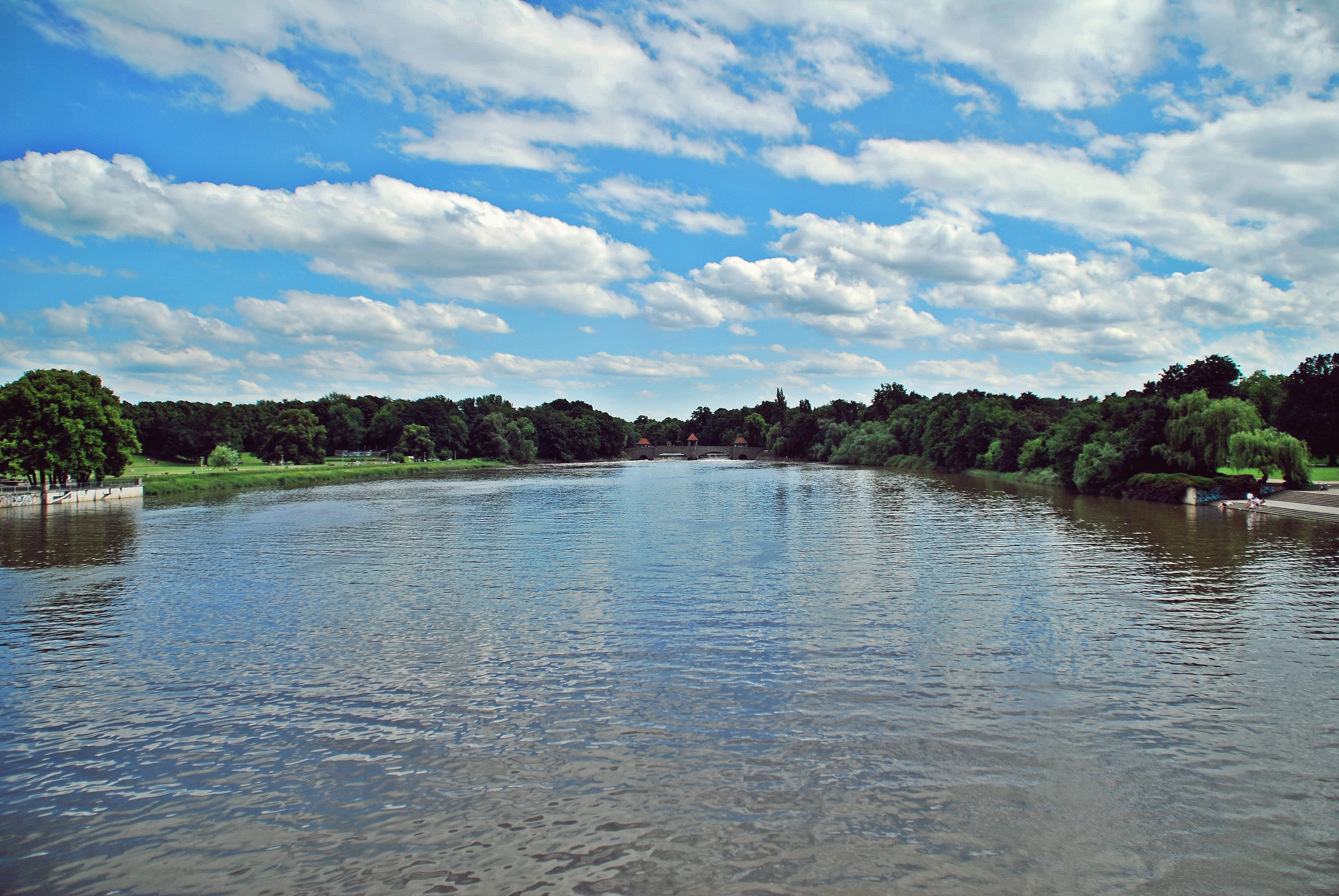 colorful, outdoors, river, farbenpracht, sunny, 4K, beauty in nature, bridge, plant, sharp, no people, blue, tree, rippled, sea, land, nature, day, leipzig, HD Wallpaper