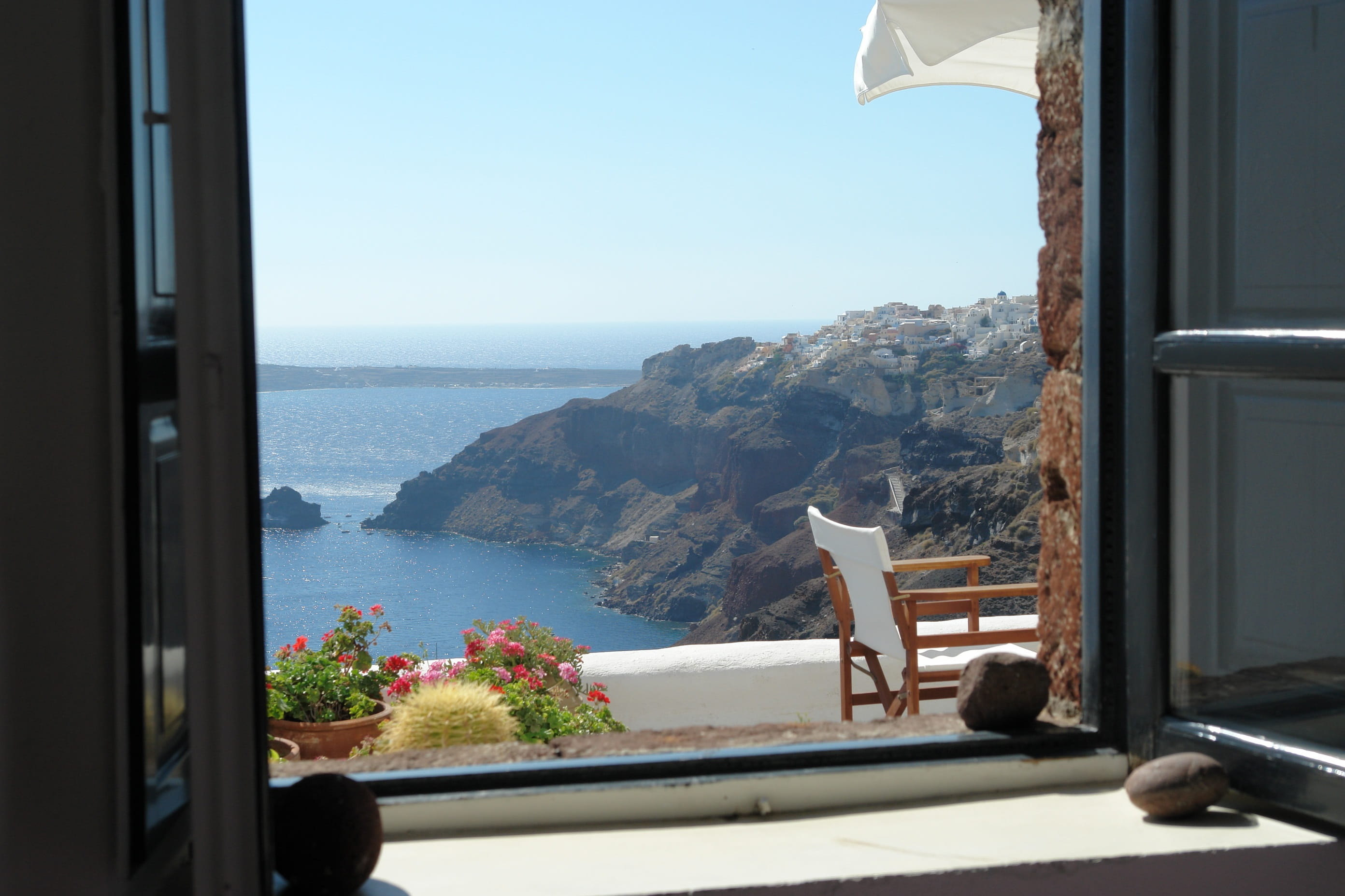 house, framed, indoors, water, no people, tourism, transportation, clear sky, vacation, europe, resort, view, architecture, greek, looking through window, HD Wallpaper