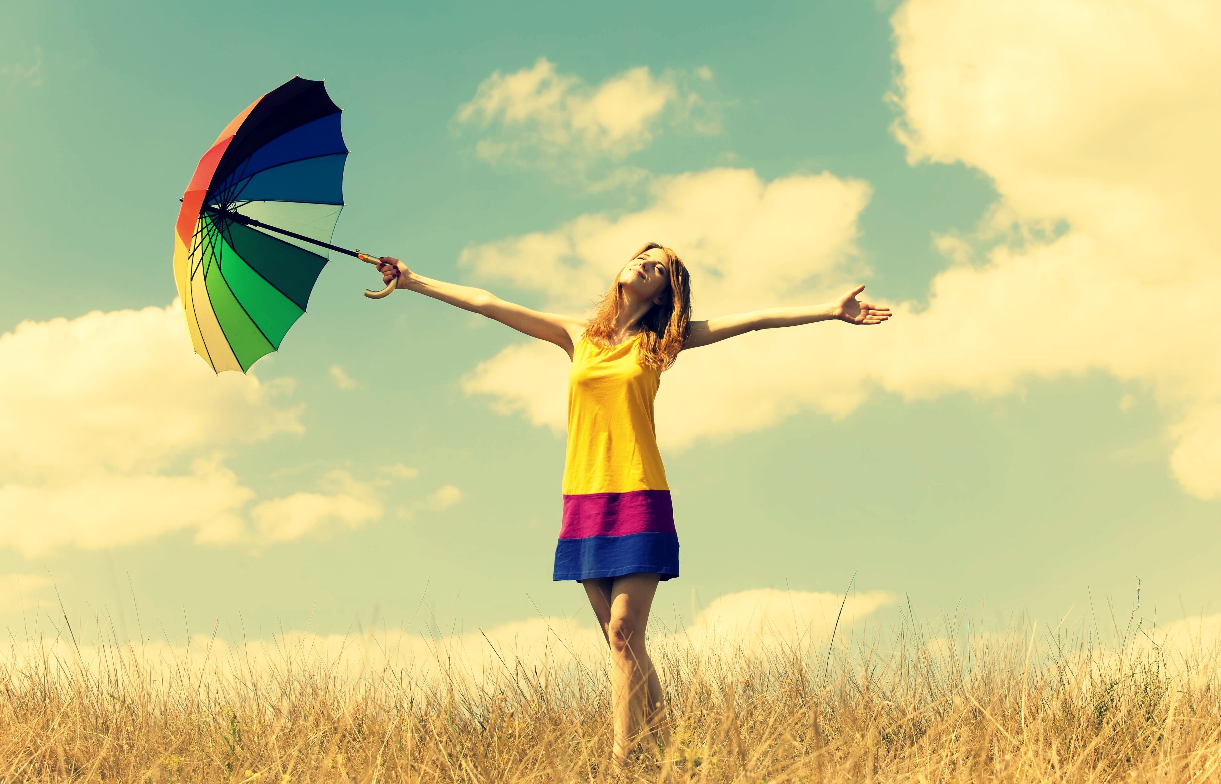 mood, color, warmth, umbrella, summer, openness, sky, background, happiness, smile, freedom, 4K, field, nature, dress, clouds, plants, girl, sun, hands, HD Wallpaper